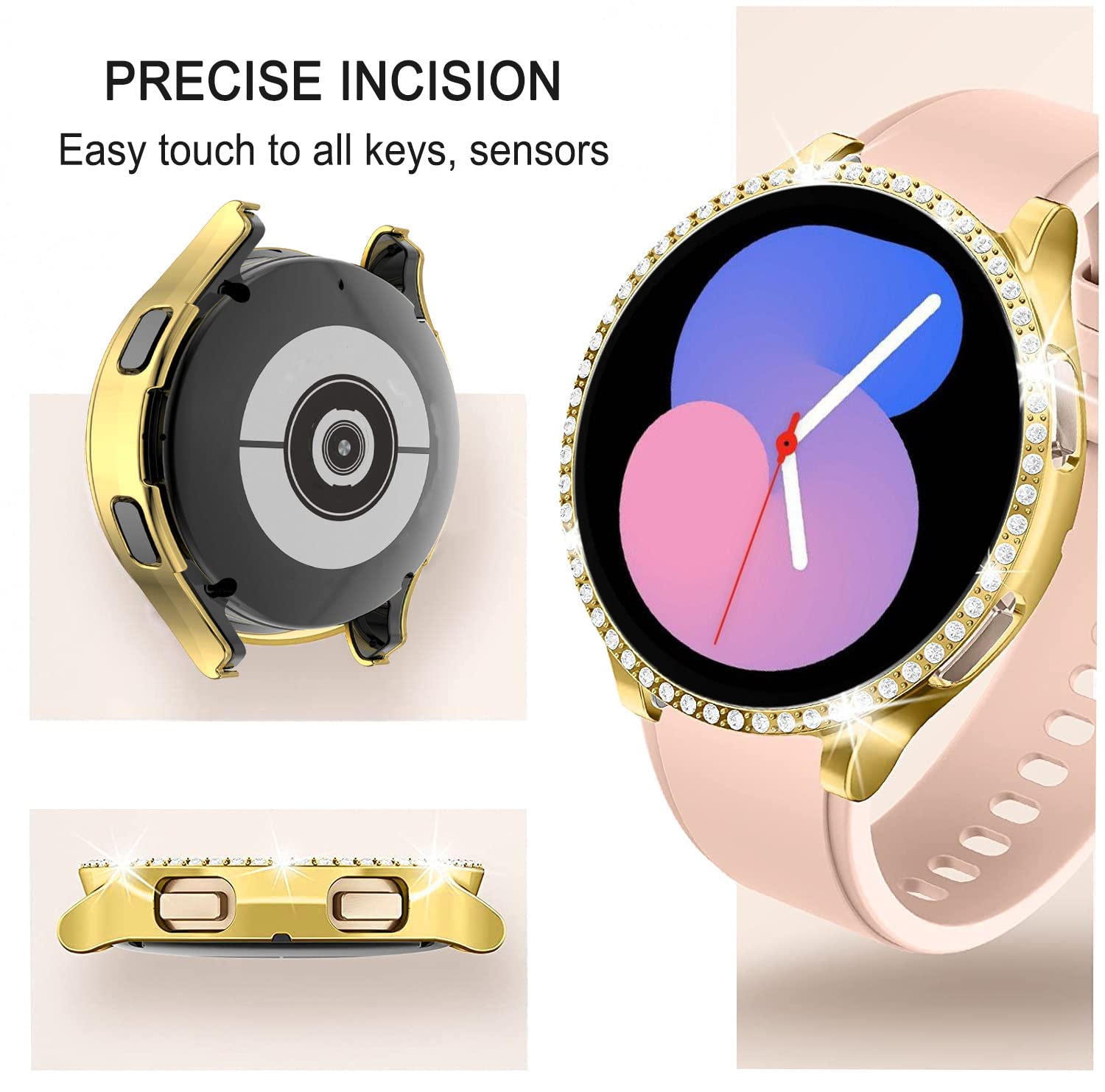 DEALELE [2-PACK] Case Compatible with Samsung Galaxy Watch 5/4 44mm, Bling Single-Row Diamond PC Protective Case Replacement Watch Cover Bumper (44mm, Gold+Transparent) — view 2