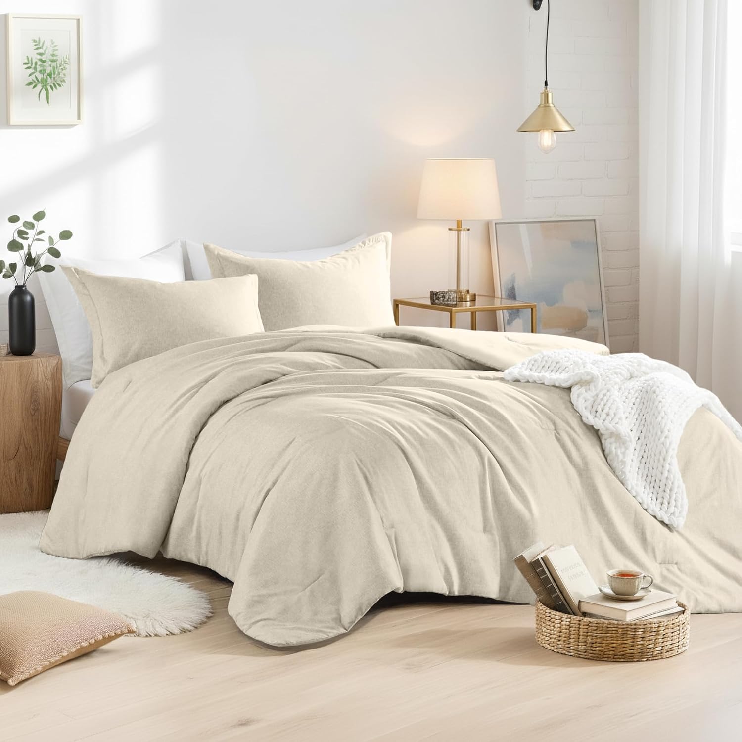 King Size Comforter Set, Lightweight Neutral Soft Bedding for All Seasons, 3 Pieces Chambray Print Solid Farmhouse Bed Set, Comforter & Sham