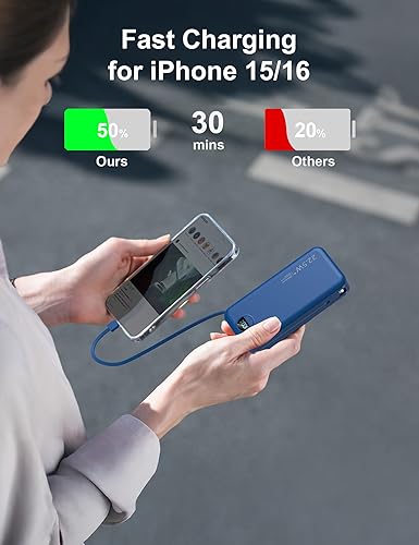 Miniatura 4 de Cargador ultraportátil de 20000 mAh PD20W con cables integrados y enchufe de pared de CA, cargador de teléfono celular de carga rápida, pantalla