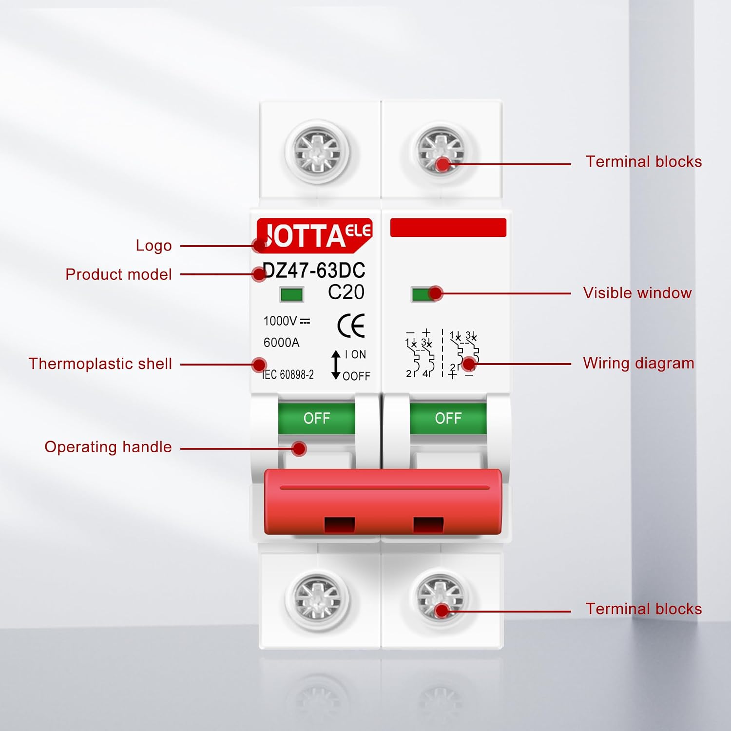 JOTTAELE Solar Panels Disconnect Switch,Miniature DC Circuit Breaker 2 Pole 1000V 20 Amp Isolator for Solar PV System, Thermal Magnetic Trip, DIN Rail Mount (DC 2P 20A 2PCS)