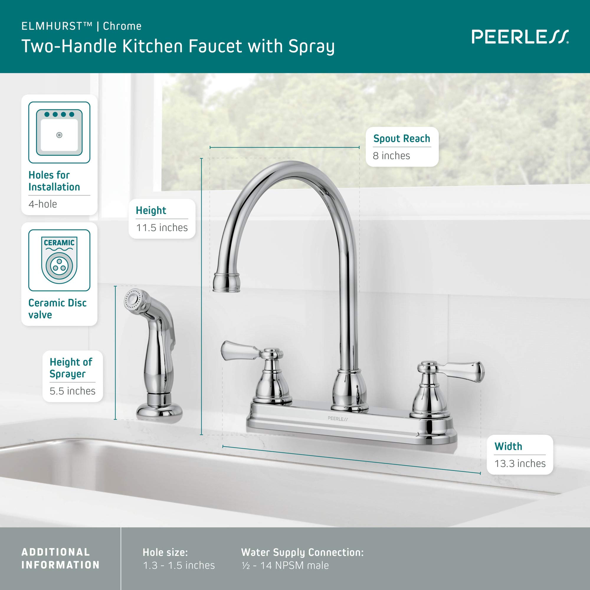Peerless P2865LF Elmhurst bateria kuchenna z dwoma uchwytami z mocowaniem natryskowym, chrom