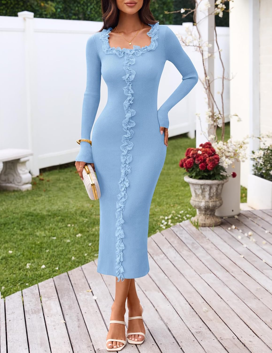 MEROKEETY Women's Fall Long Sleeve Sweater Dress 2025 Bodycon Square Neck Ruffle Ribbed Knit Midi Dresses - Image 2