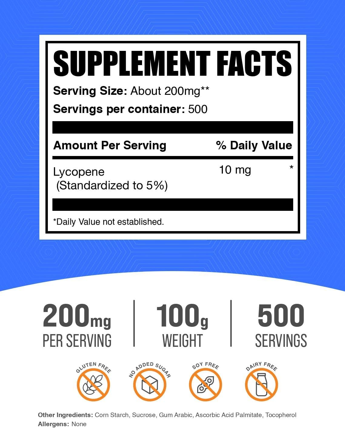 BulkSupplements.com Lycopene Powder - Lycopene Supplement, Lycopene 10mg - Antioxidants Supplement, Gluten Free, 200mg per Serving, 100g (3.5 oz) (Pack of 1)