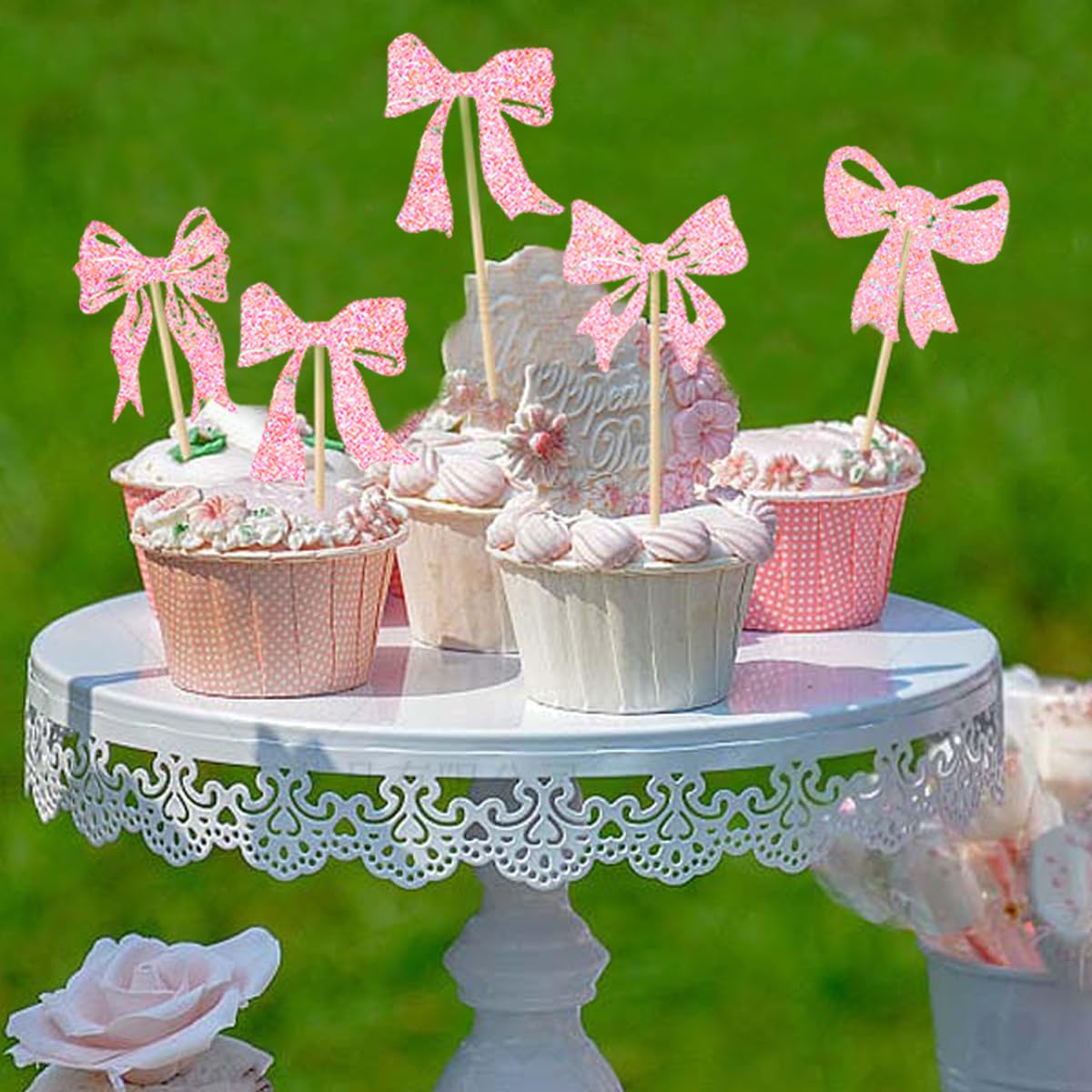 Paquete De 24 Unidades De Adornos Para Cupcakes Con Purpurina Para Niña, Diseño De Lazo, Para