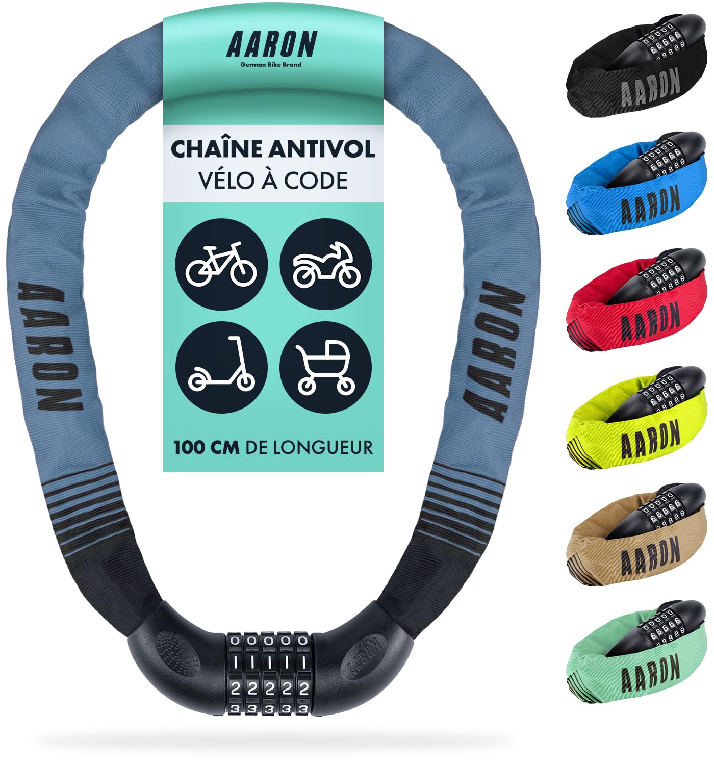 AARON - Antivol pour vélo Lock One à Combinaison à 5 Chiffres - Chaine en Acier/Niveau de sécurité élevé - pour vélo électrique/VTT/VTC/vélo de Ville/vélo de Course/véhicule électrique