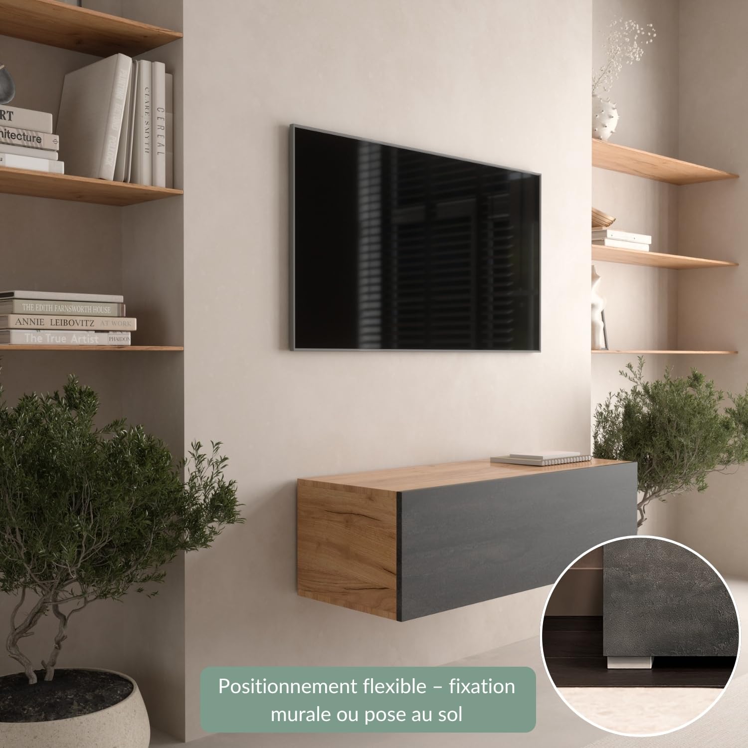 Planetmöbel Meuble TV West, Table TV 100 cm de Long, Meuble Tele Suspendu ou posé au Sol, Table Television pour Salon, Meuble TV 37,8 x 100 x 30 cm, chêne doré Noir Charcoal
