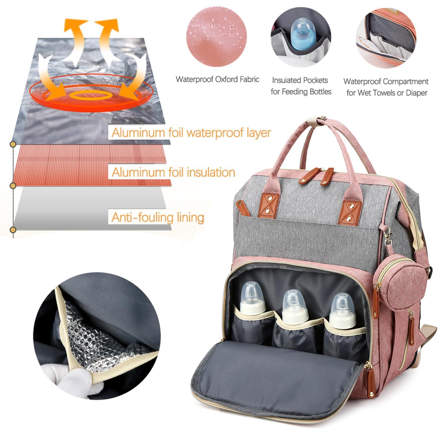 Mochila cambiadora para bebé, multifunción, mochila de viaje para niños y niñas, correas impermeables para cochecito, gran capacidad (rosa y gris)