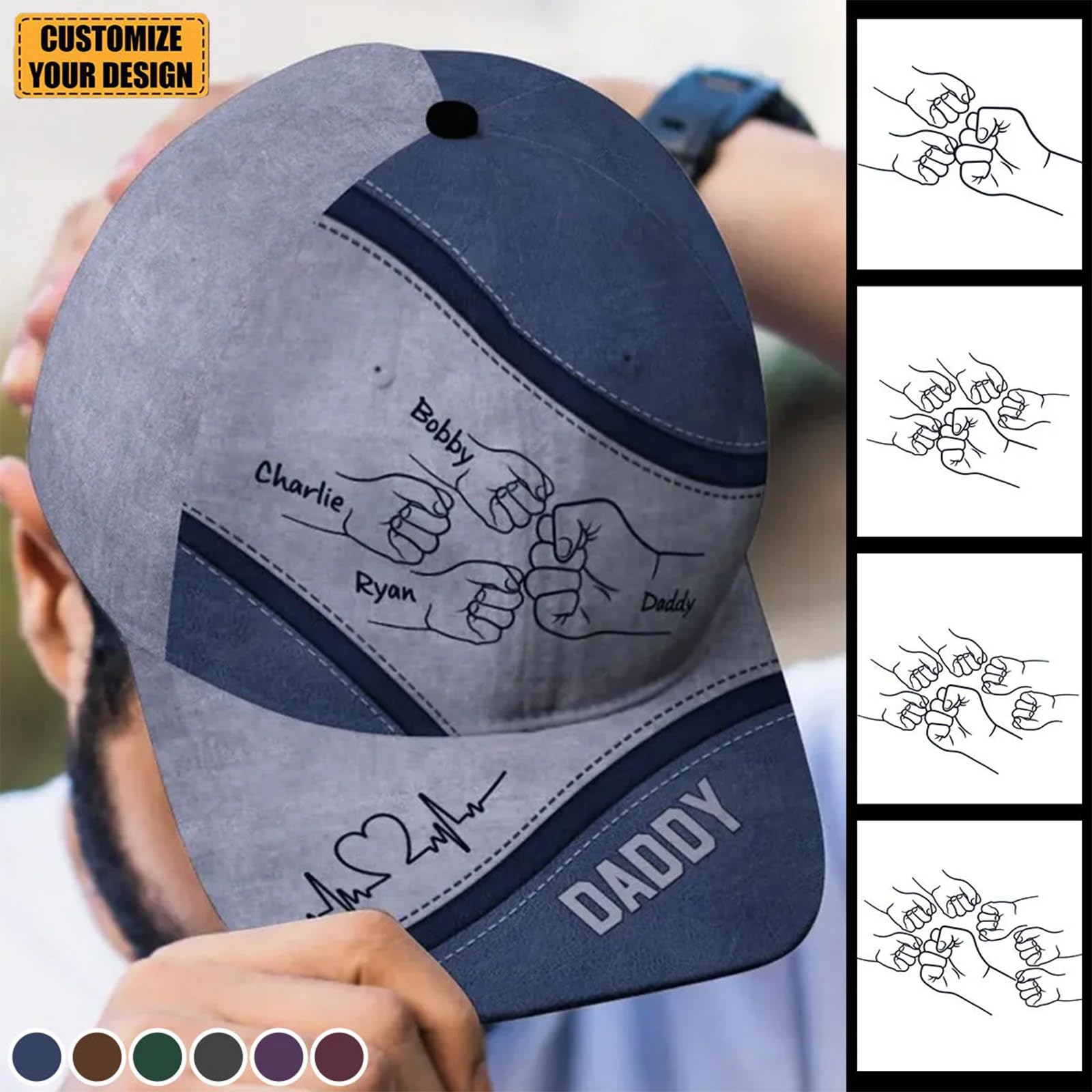 Custom Dad Hats for Men, Personalized Daddy Baseball Cap for Fathers Day, Fist Bump Snapback Trucker Hat with Kids Name, Gifts for Dad, Husband, Grandpa, Men, Him - Grey