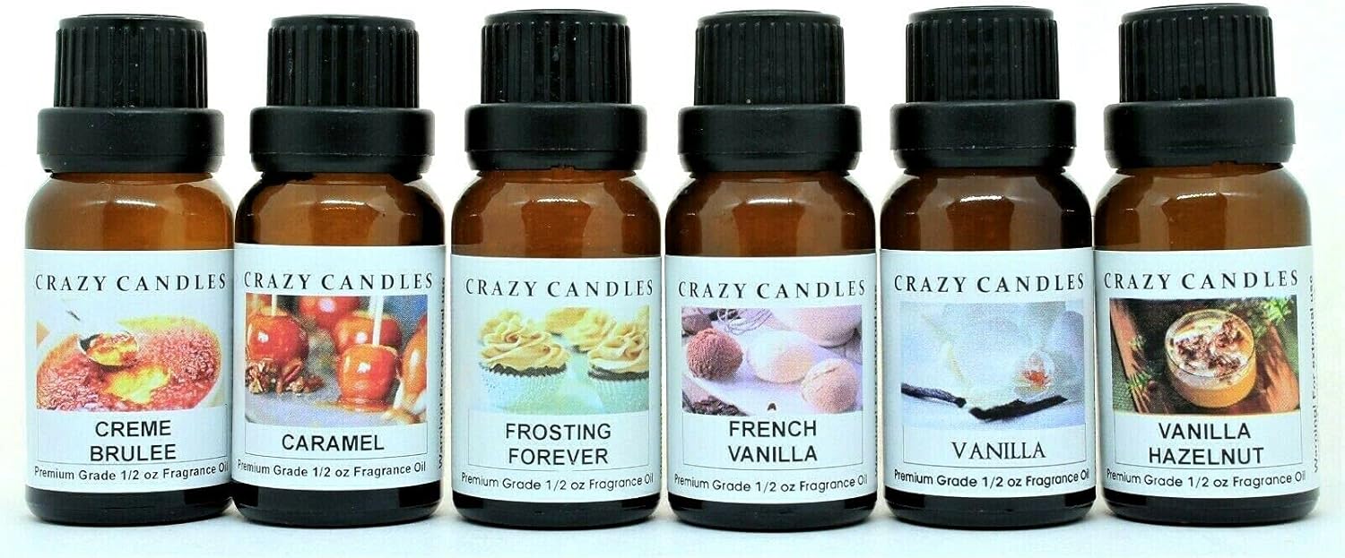 Crazy Candles 6 Bottles Set, 1 Creme Brulee, 1 Caramel, 1 Frosting Forever, 1 French Vanilla, 1 Vanilla, 1 Vanilla Hazelnut 1/2 Fl Oz Each (15ml) Premium Fragrance Oils