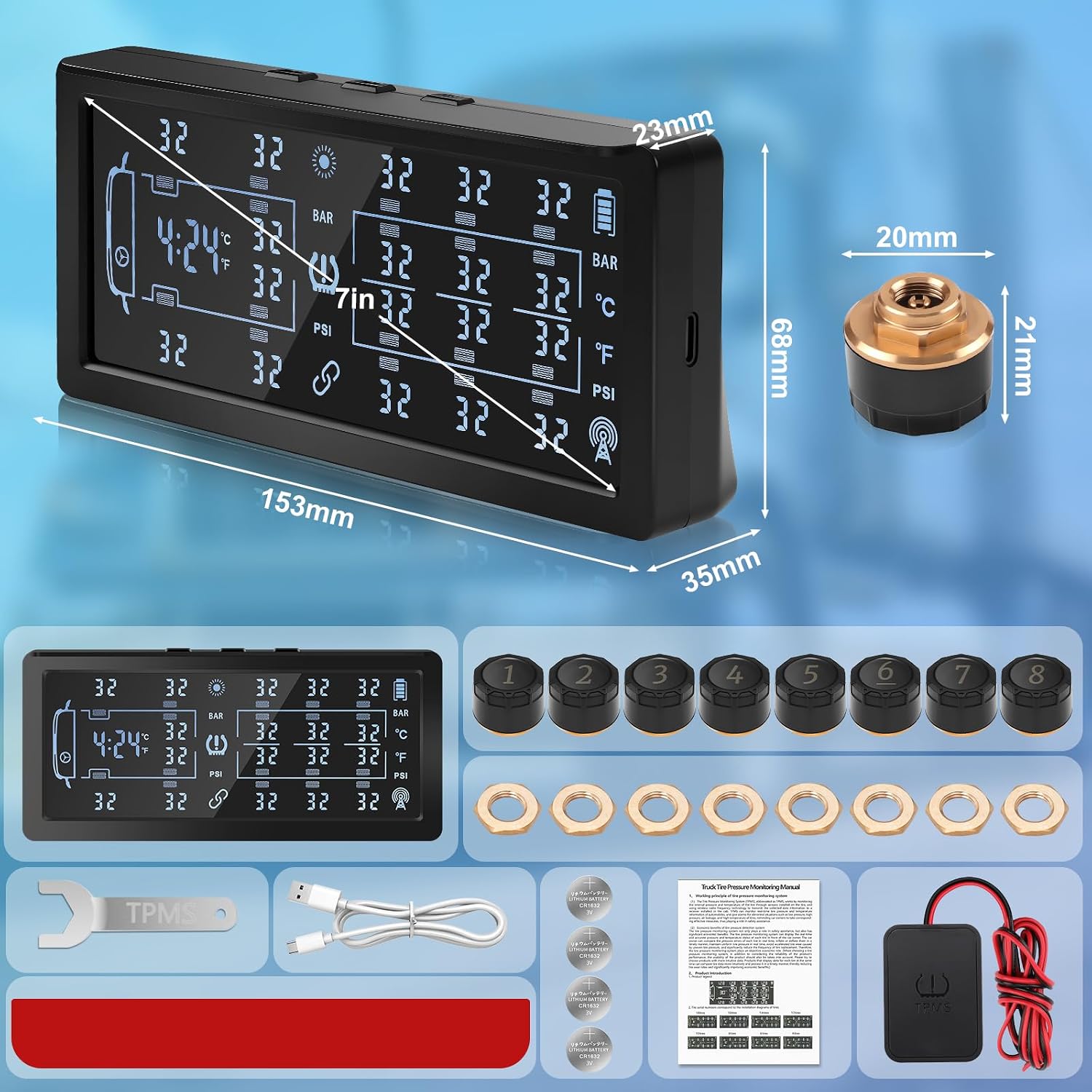 Solar TPMS 7 Inch Color Screen, 6 Alerts, 8 Sensors for RV Trailer