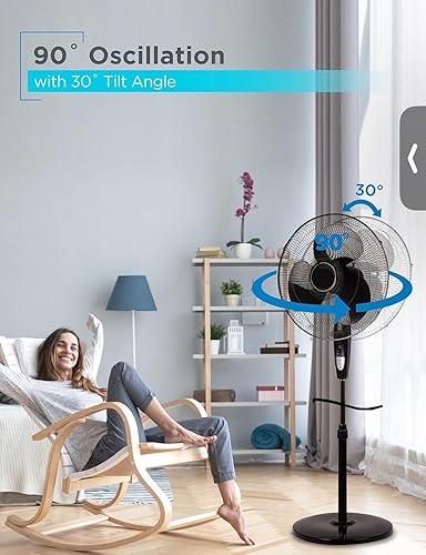 Miniatura 6 de Ventilador de pie de pedestal de 16 pulgadas para el hogar, oficina, dormitorio, con cuchillas dobles oscilantes, motor de CA silencioso, altura