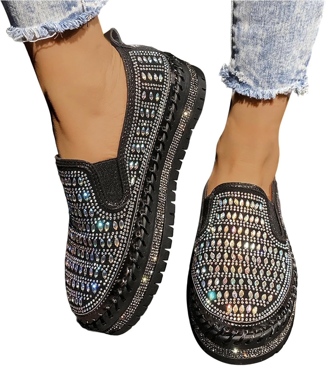 Women Soft Sole Moccasin Loafer with Rhinestone Embellished High Elastic Glitter Penny Shoe Plain Trendy Spring Flat - Image 9