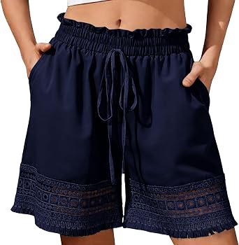 Beessbest Womens High Waisted Summer Shorts Drawstring Hollow Out Beach Shorts Ruffled Waist Tassel Trim Short with Pocket