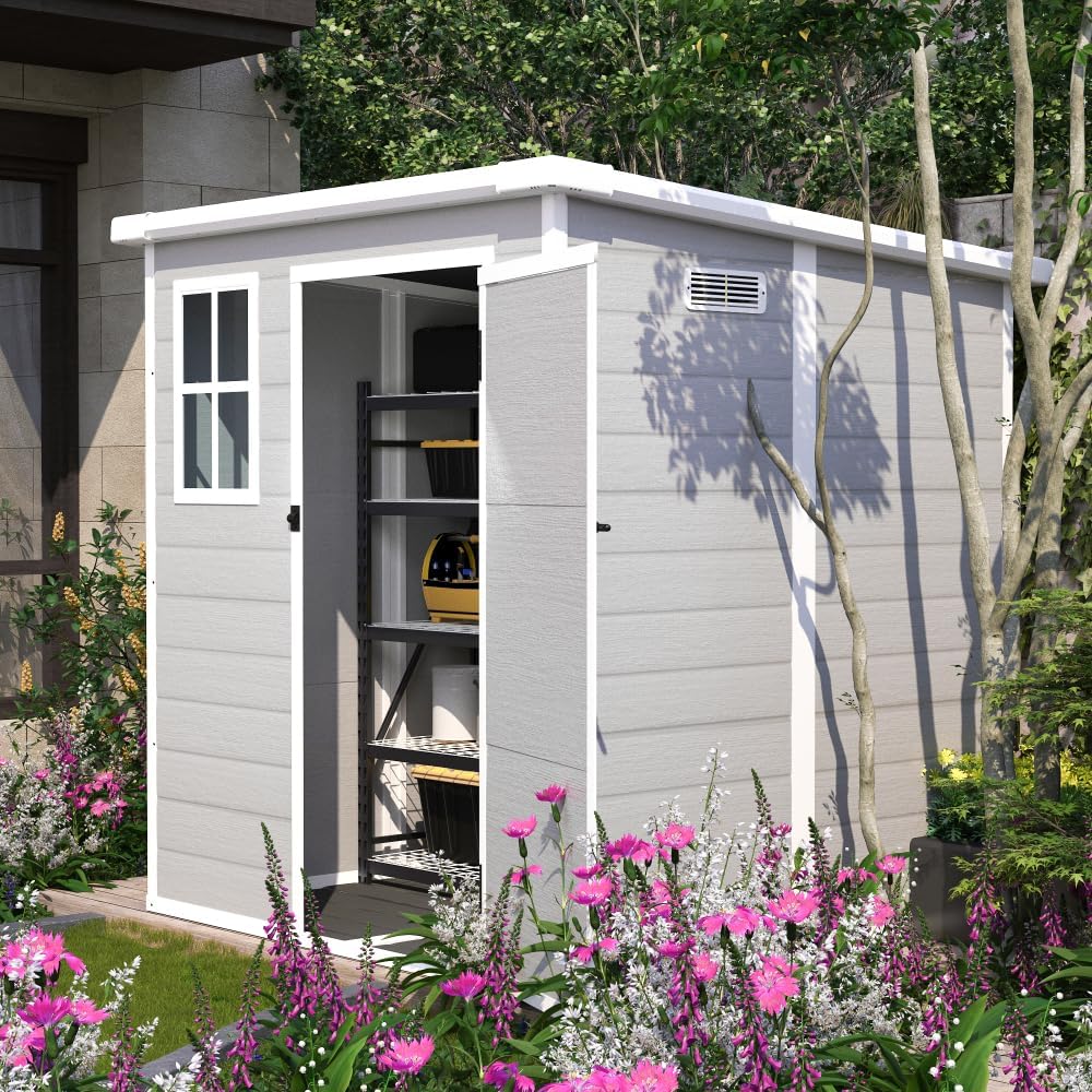 6x6 FT Storage Shed, Waterproof Resin Outdoor Storage Shed with Floor & Window & Lockable Doors and Vents, Light Grey (Gray + Polypropylene + Garden & Outdoor)