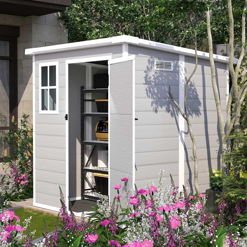 6x6 FT Storage Shed, Waterproof Resin Outdoor Storage Shed with Floor & Window & Lockable Doors and Vents, Light Grey (Gray + Polypropylene + Garden & Outdoor)