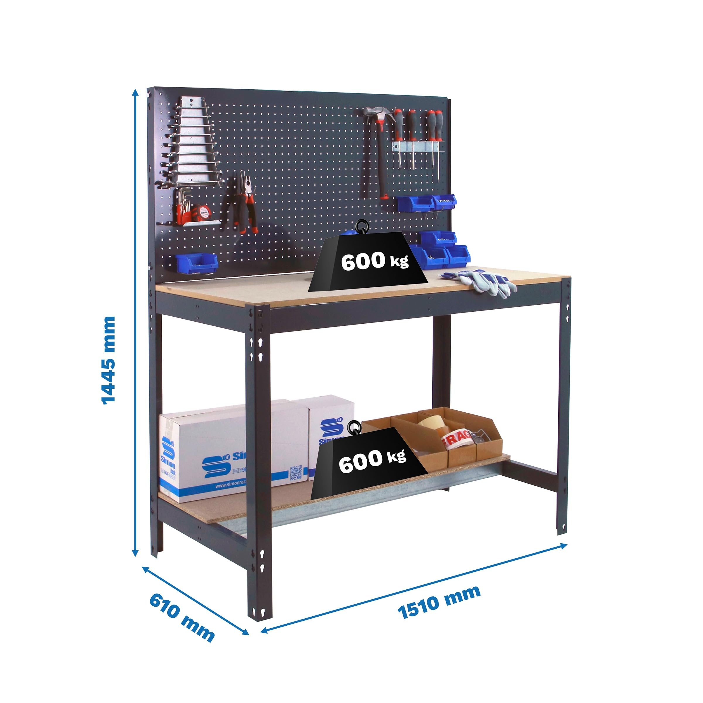 Simon Rack Banco de Trabajo con Panel Perforado 1510x610 mm - BT2 | Tablero madera 16 mm, Capacidad Carga 600 kg, Antracita , Pintura anticorrosión, Montaje sistema clic