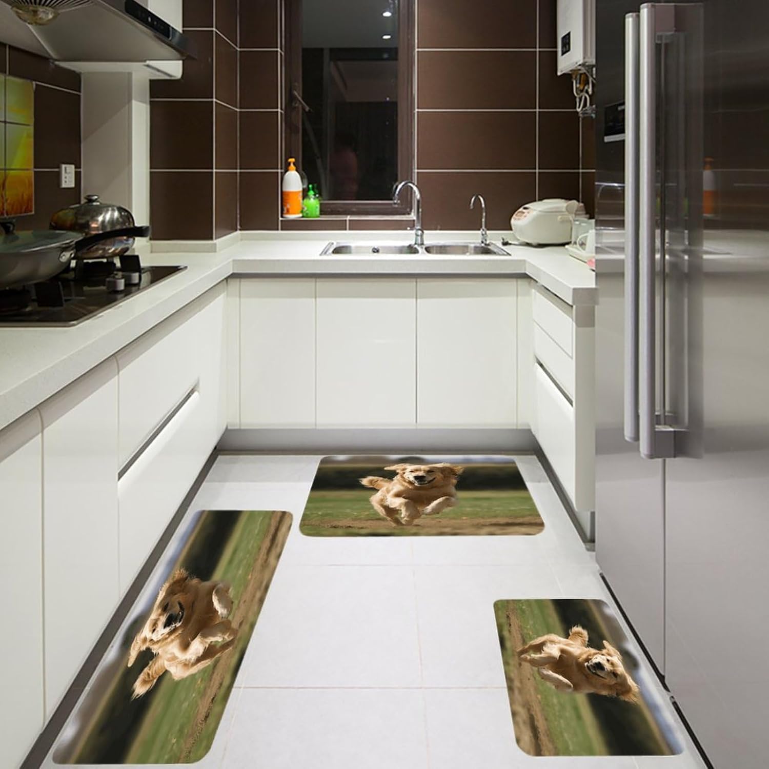 Golden Retriever Running Kitchen Rugs Sets of 3 Washable Non Slip Kitchen Rug Water Resistant Carpet Piece Anti Fatigue Kitchen Mats Soft Comfort Standing Mat Modern Area Rug