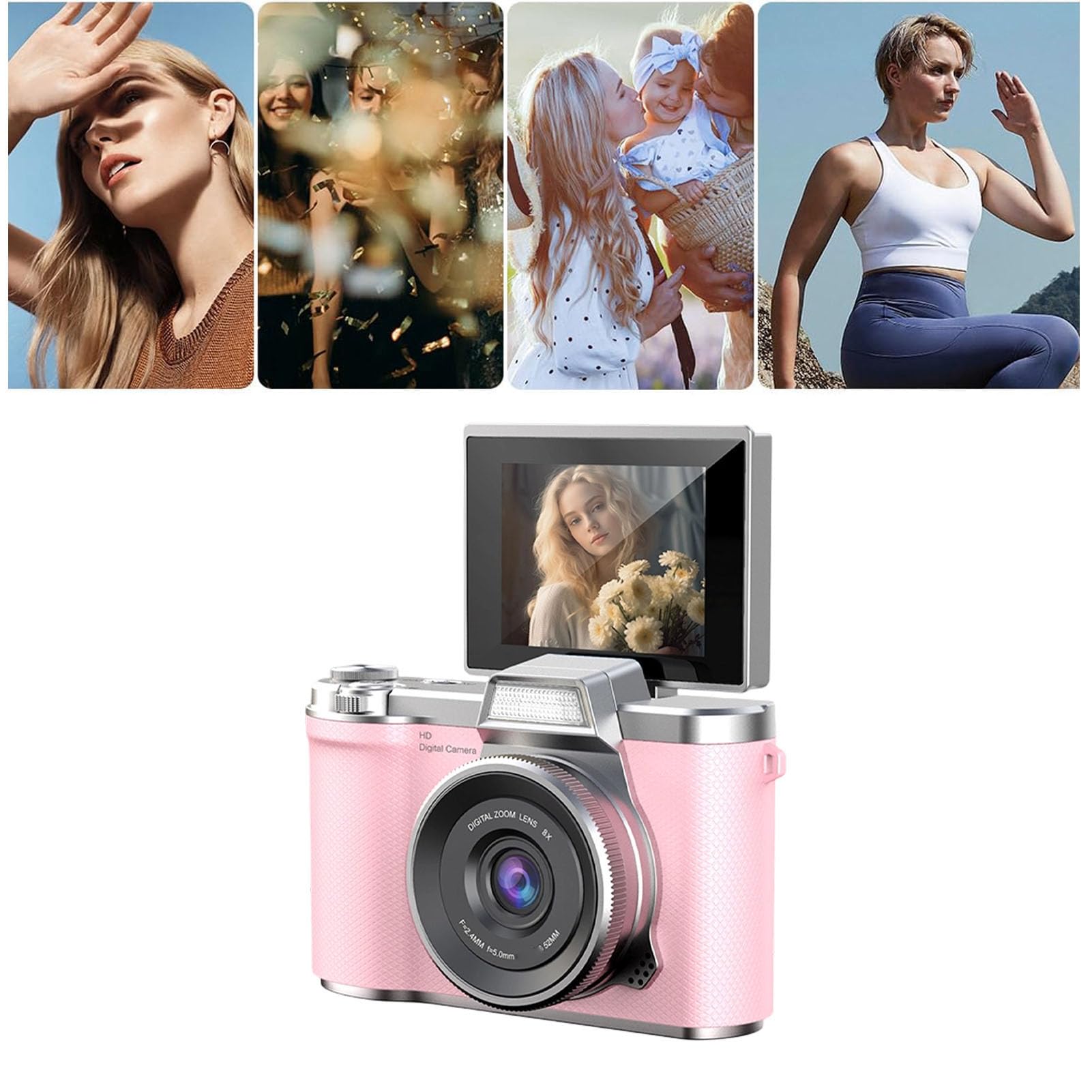 banapoy Fotocamera Mirrorless da 48 MP 1080P con Zoom 8X, Schermo Ribaltabile da 2,4 Pollici, Flash Integrato, Messa a Fuoco Automatica, Anti-Vibrazione per Fotografi Principianti (Pink)
