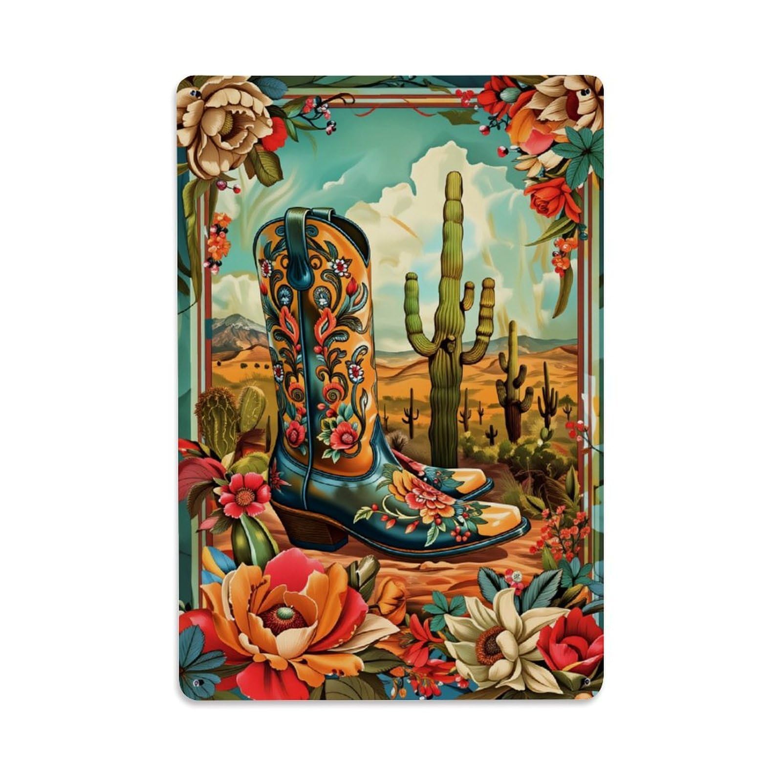 Jdyaojiesheng Vintage Floral Embroidery Cactus Desert Boots Tin Sign Retro Metal Wall Decor Metal Poster, Home Bar Garage Farmhouse Cafe Wall Art Decoration 8X12inches