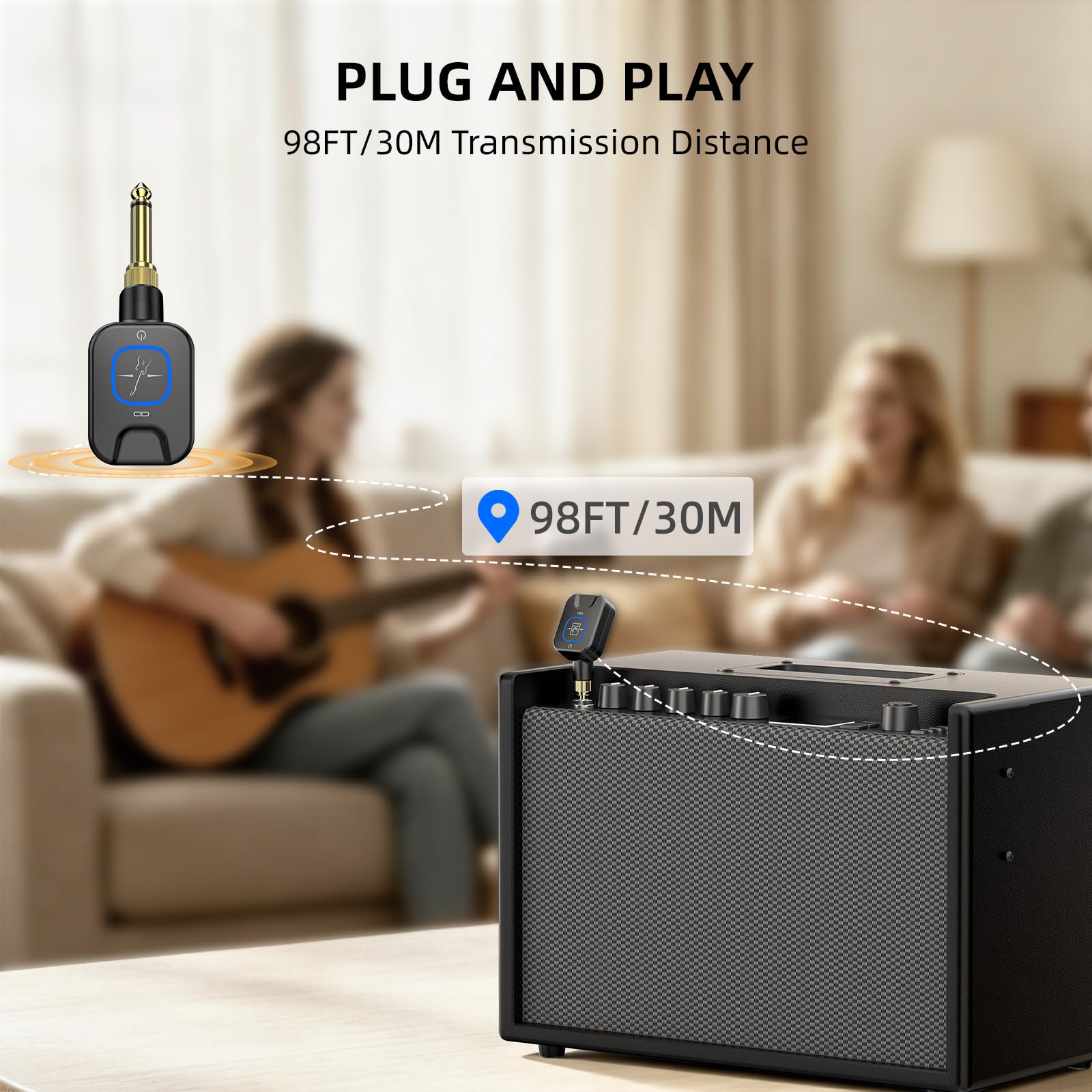 POLOLAB 5.8GHz Sistema Wireless per Chitarra, Trasmettitore e Ricevitore per Basso Elettrico con Custodia di Ricarica, 6 Canali, Latenza <4.6ms, Portata 30m