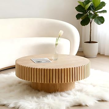 Coffee Table Wood for Living Room Wooden Round Tables Small Circle Modern Fluted Mid Century Accent Center Drum Contemporary Minimalist Livingroom Easy Assembly 31.5 inch Natural Ash