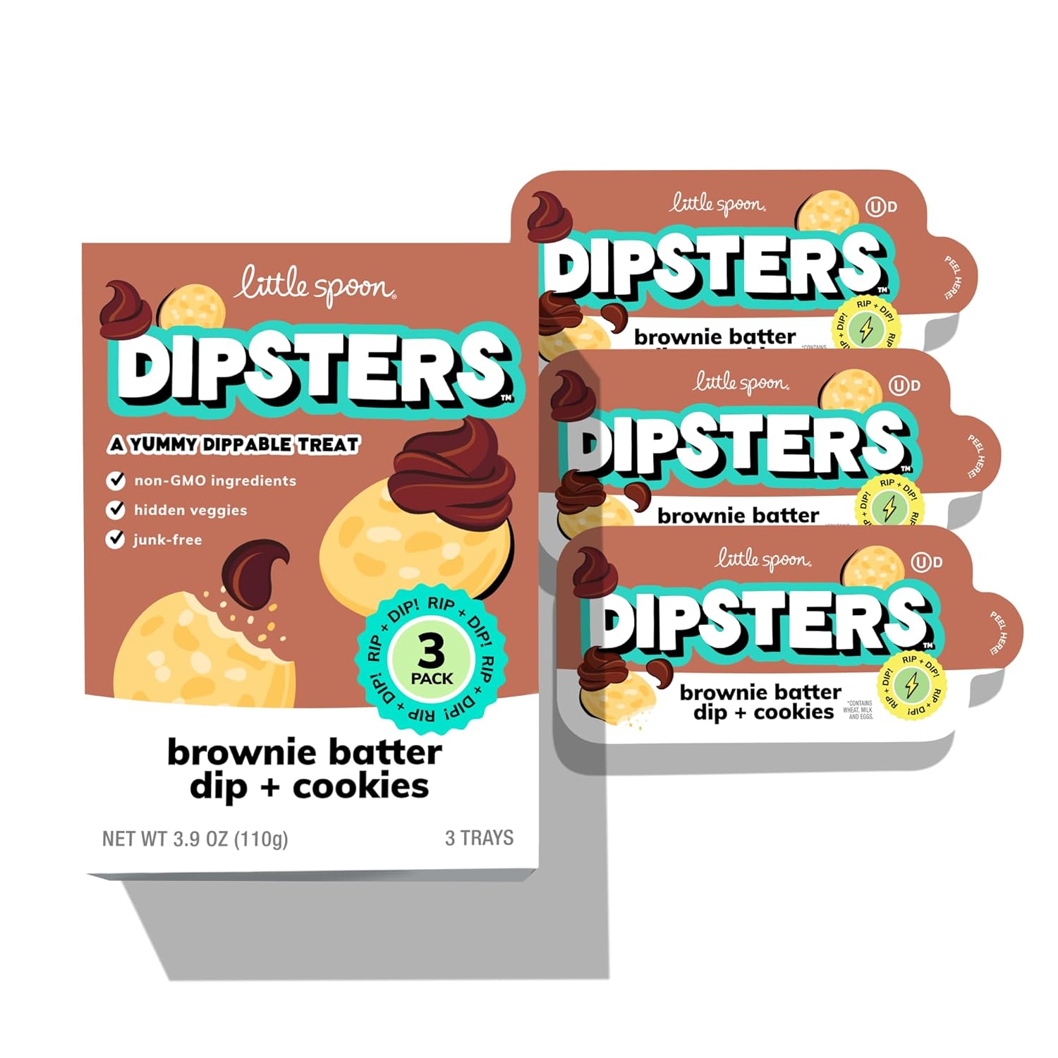 Little Spoon Brownie Batter Dip + Cookies Dipster, Big Kid Favorite Dunking Snack with Hidden Veggies, Organic Oats, Purple Sweet Potato & Spinach, Maple Sweetened, Non-GMO, 2g Plant Protein, 3 Trays per Pack, Total of 12 Trays