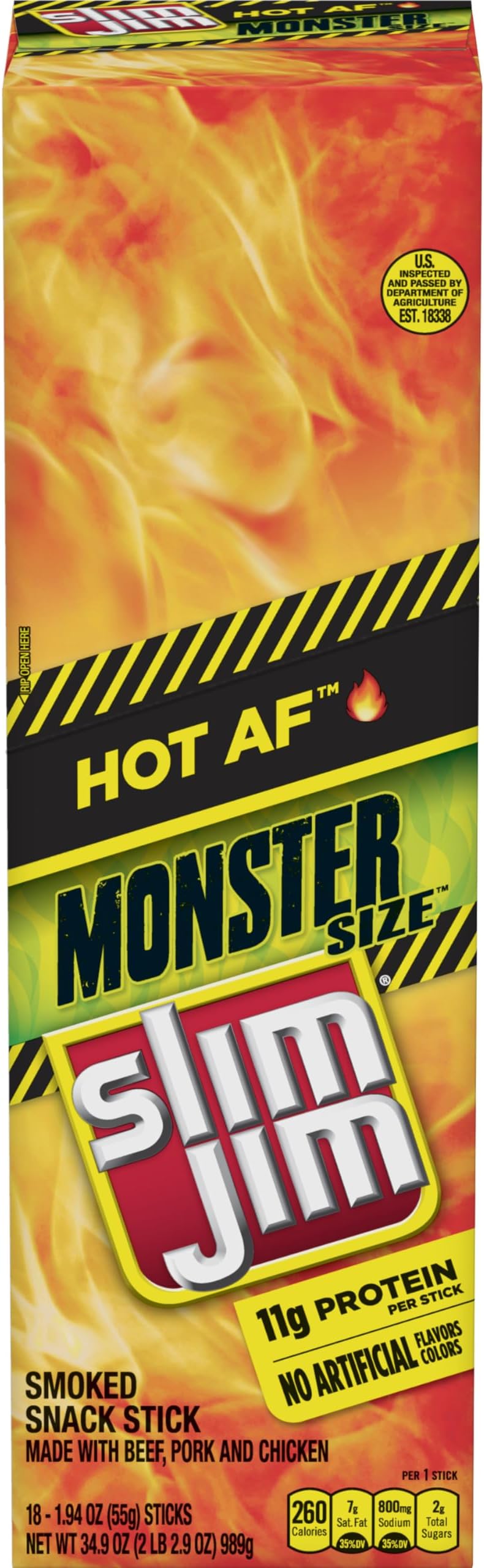 Monster Smoked Meat Sticks, Hot AF Flavor, High Protein, 1.94 oz. (18 Count)