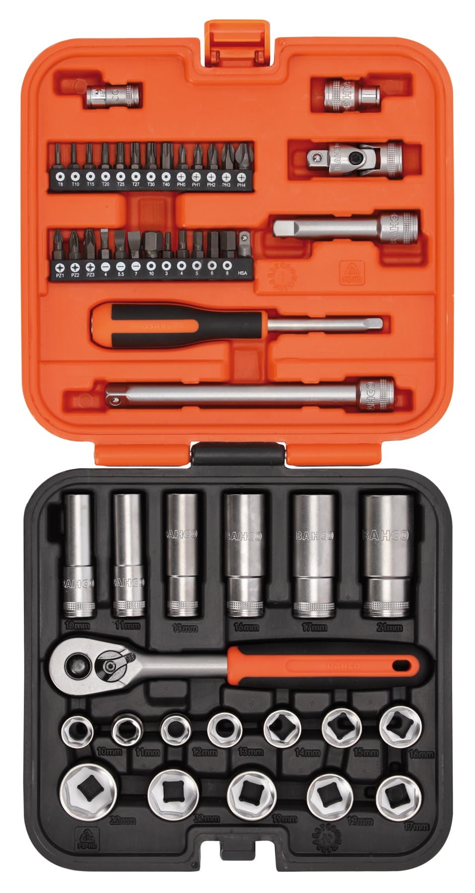 Bahco S51MC3H 51-Piece Socket & Bit Set – 1/4" and 3/8" Drive | Chrome Vanadium Steel | Professional Tool Kit with Ratchet, Sockets & Accessories for DIY and Mechanical Use -
