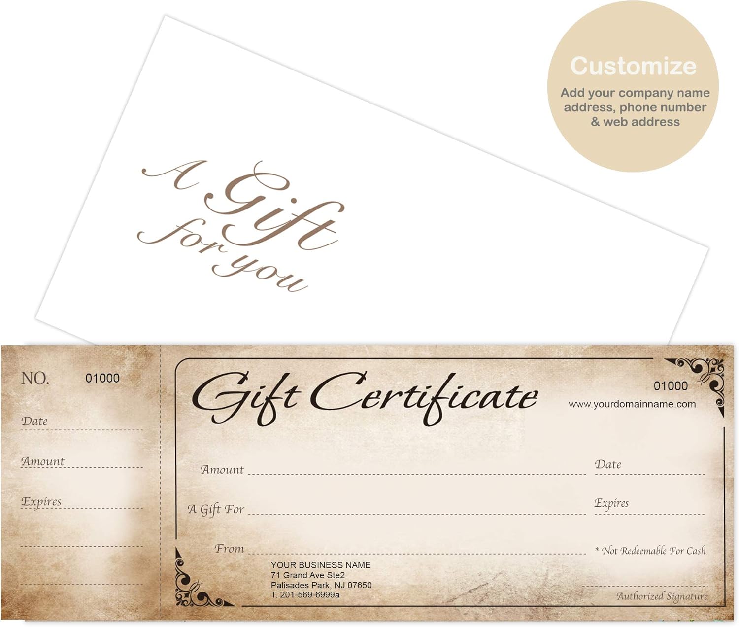 Custom Gift Certificates For Business - Add Your Store Name and Address, Comes with Free matching Envelopes and Sequential Numbering Printing (Rustic Brown)