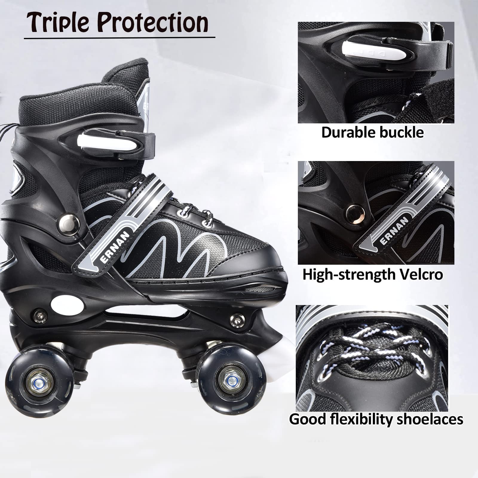 Sumeber Rolschaatsen, verstelbare maat, rolschaatsen, 4 knipperlichten, wielen, inlineskates, voor binnen en buiten, maat verstelbare quad-skates voor jongens en kinderen (L(EU 38-42), zwart