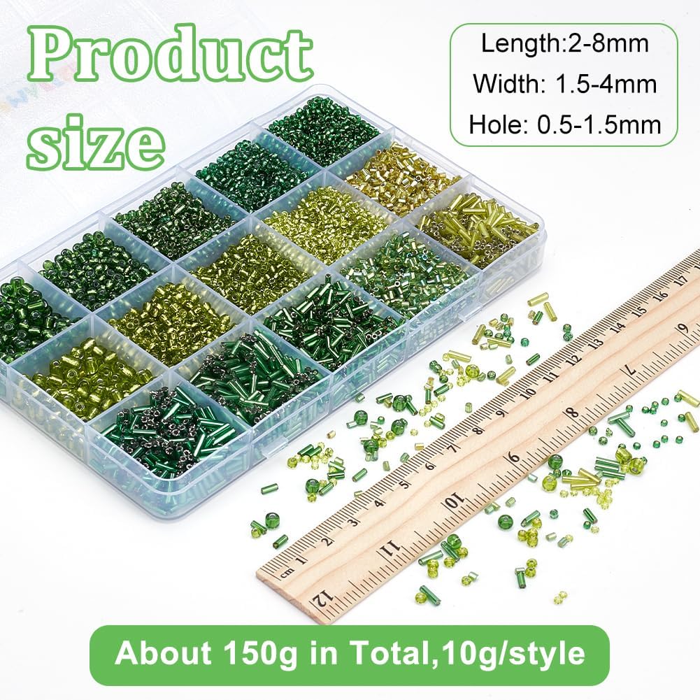 About 6200 Pcs 15 Styles Green Series Glass Bugle Seed Beads, 2-7mm Mixed Styles Mini Tube Round Seed Beads Loose Spacer Bead for DIY Crafting Jewelry Making - Image 2