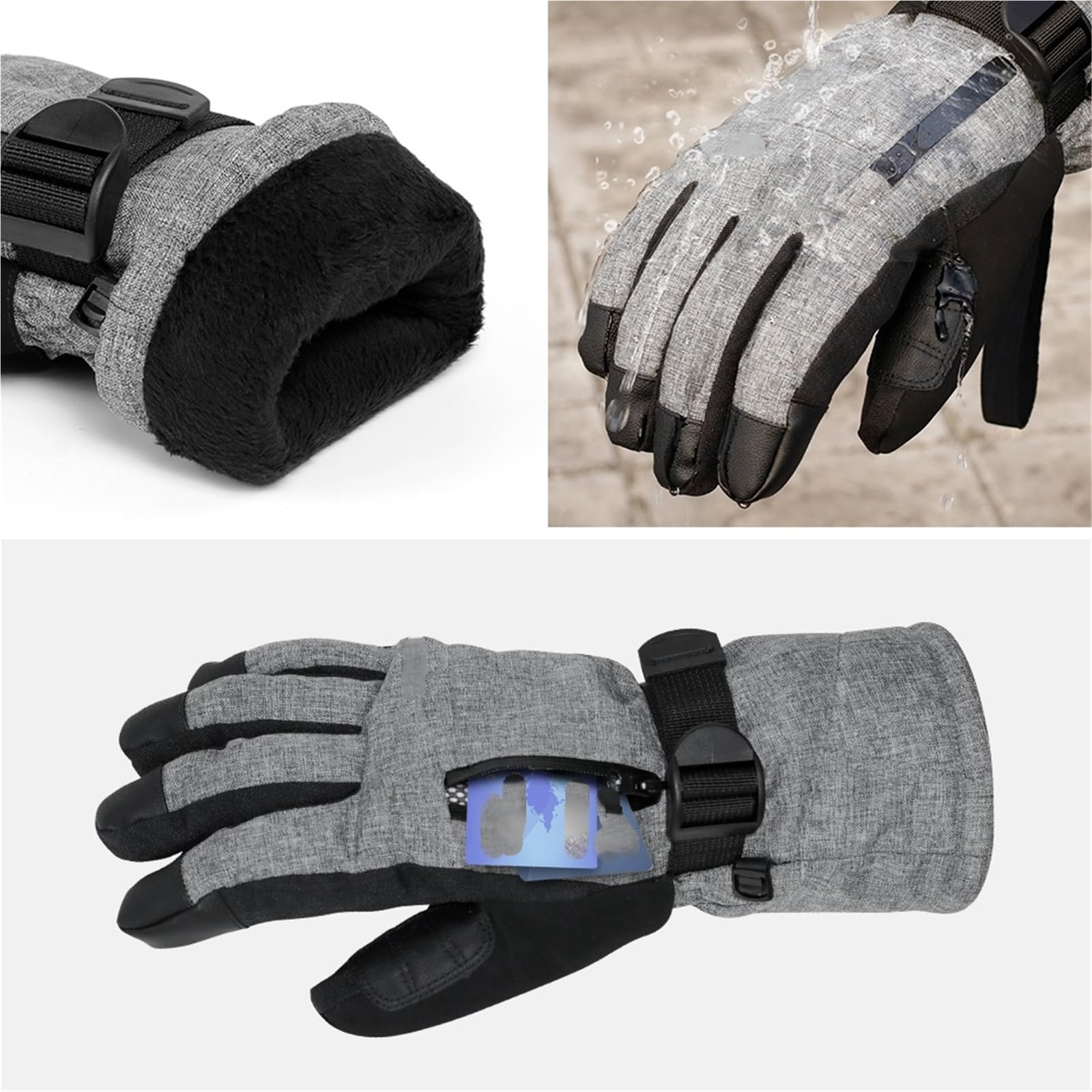 Guantes de esquí unisex, guantes térmicos impermeables para snowboard con pantalla táctil y bolsillo de almacenamiento (negro, XL)
