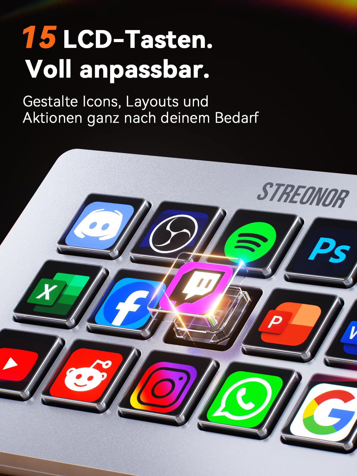 Stream Controller Standard S15 mit 15 Tasten und Info-Display | Stream Control Deck für OBS, Twitch, YouTube, Content Creators, Streaming & Gaming, kompatibel mit PC und Mac - Weiß