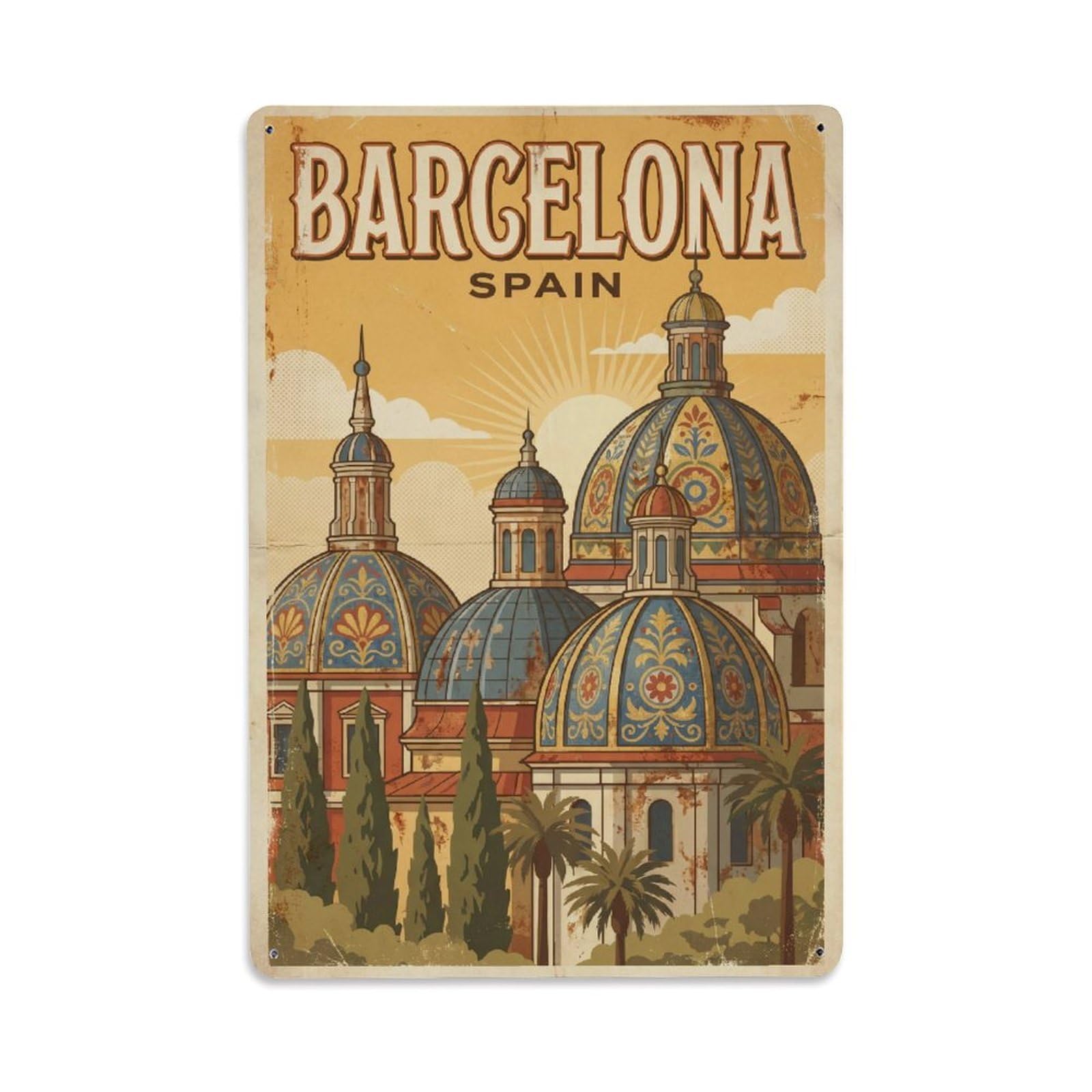 Okngb Style Cathedral Landmark Barcelona Retro Spanish Tourism Metal Tin Sign Plaque Wall Decor For Cafe, Man Cave, Club Bar, Office, Home Garden Round Metal Poster 8X12inch