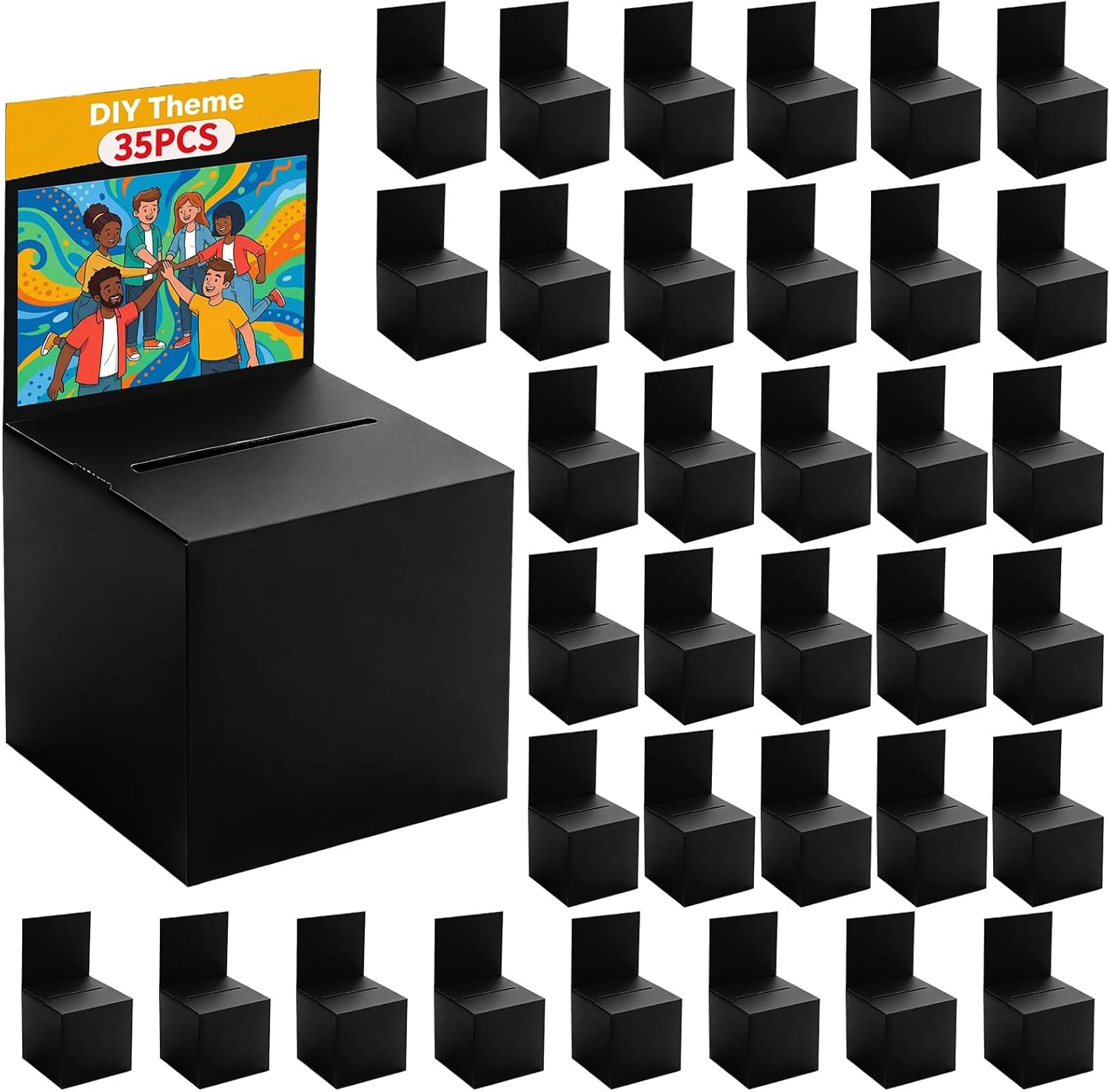 35 Pack Raffle Box Ballot Box with Slot, 6 x 6 x 6 Inch Black Cardboard Suggestion Box with Removable Header, for Collecting Business Card Voting Contest Fundraising Donation and Suggestion