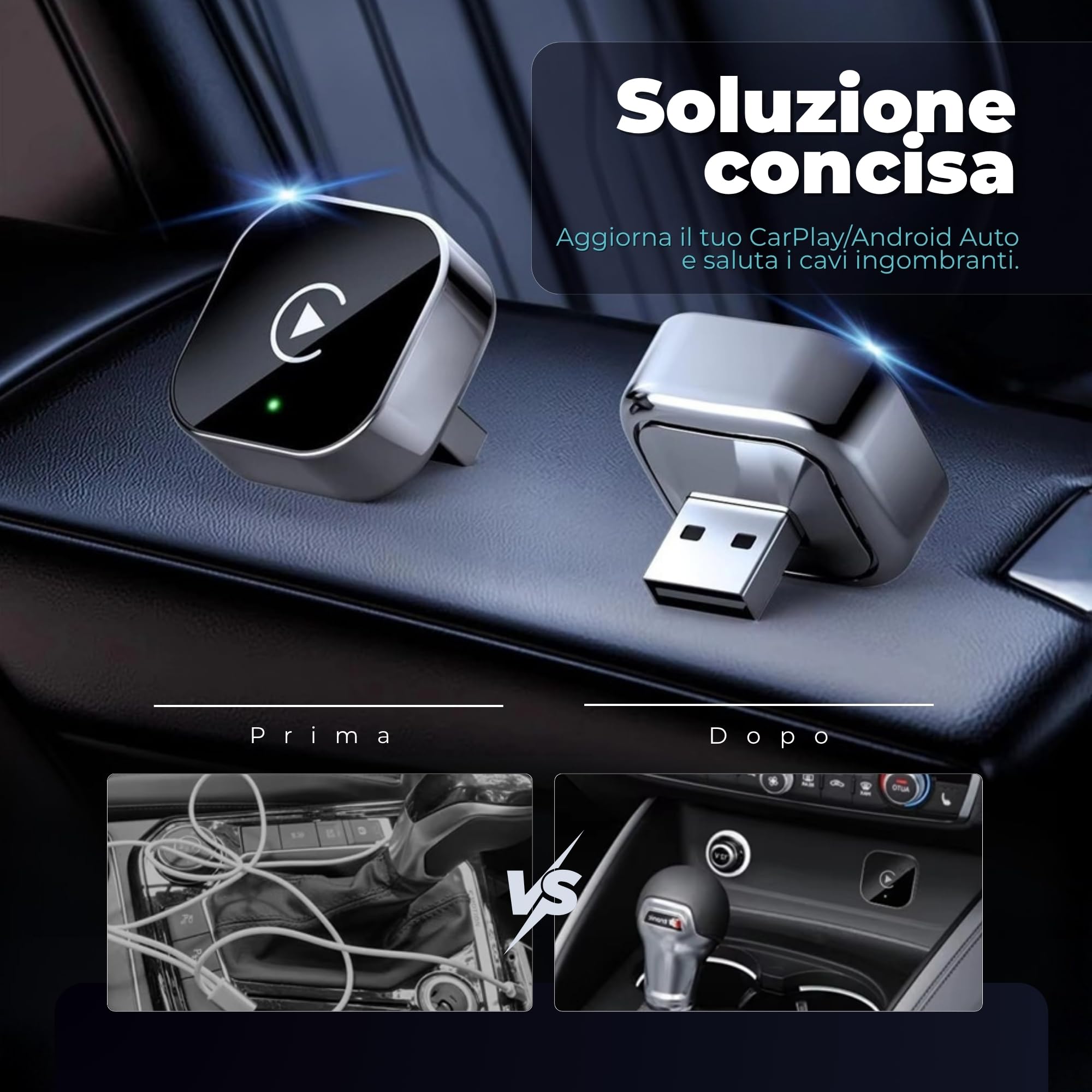 Adattatore Carplay Wireless 2 in 1 Mini 2026, Android Auto Wireless con USB Plug & Play, Riconnessione Rapida ~3 s, USB-A/USB-C e Dongle Rigido per Porte Difficili