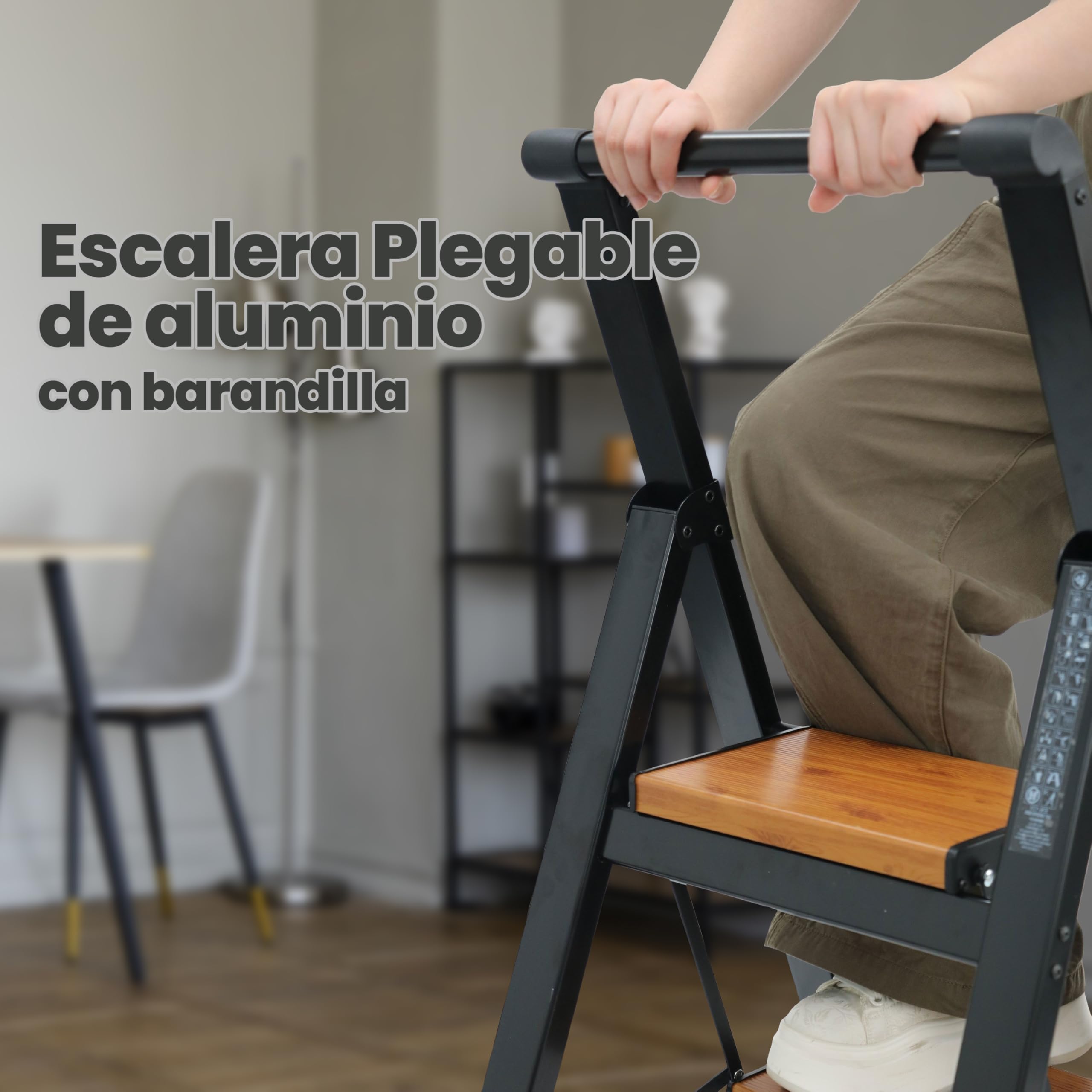 UZIRO Escaleras Plegables 3 Peldaños, Escalera de Aluminio 3 Peldaños Anchos, Sistema Antodeslizante, Muy Liviana y Facil de Guadar
