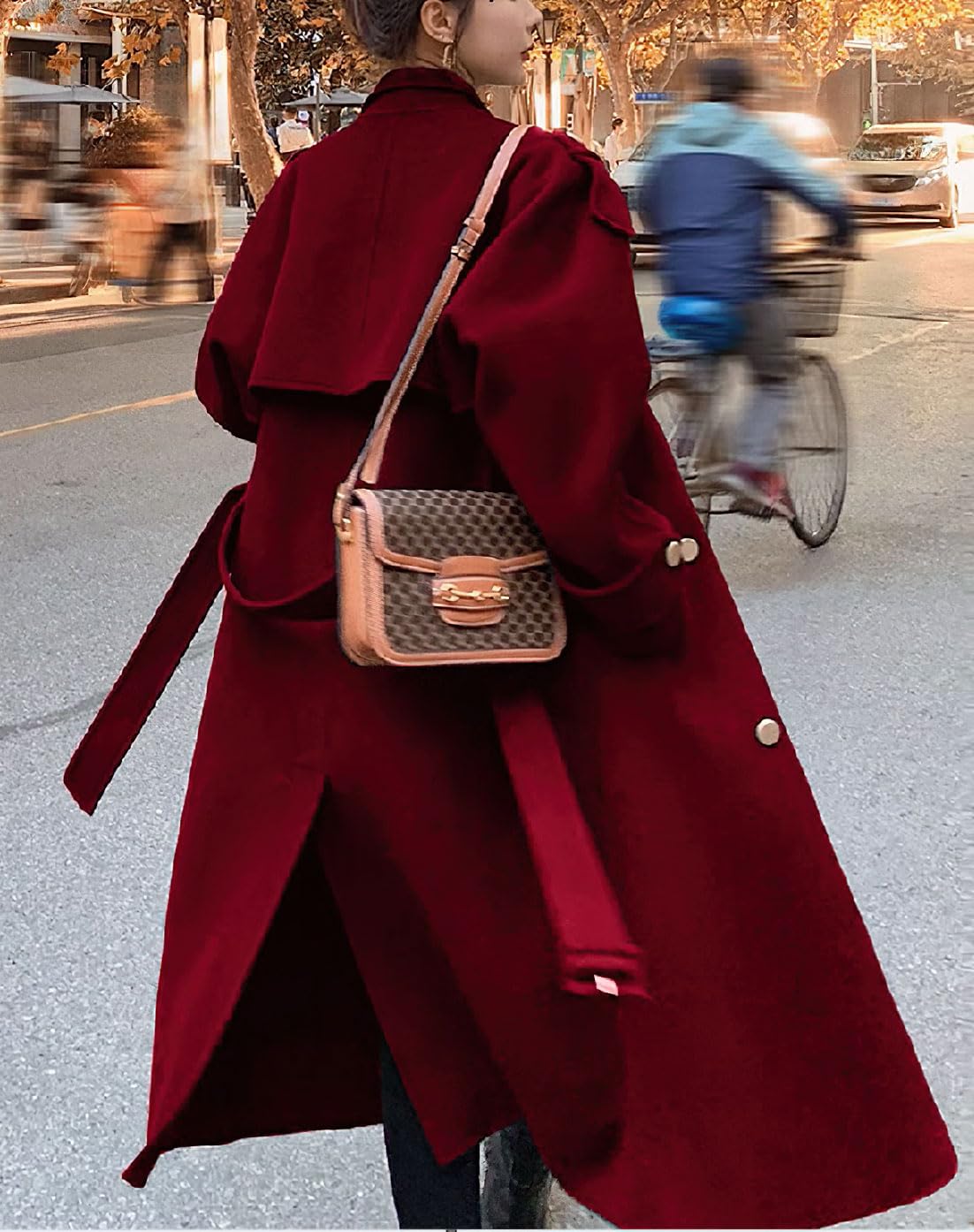 chouyatou Women's Winter Double Breasted Midi Long Wool Pea Coat Notch Lapel Winter Trench Coat: Large Red