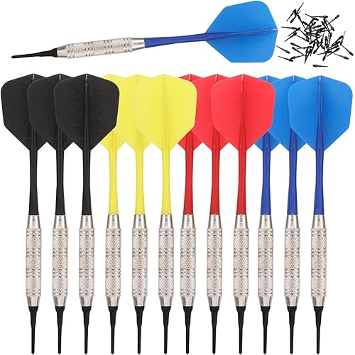 Soft Tip Darts Set |12 pc Bar Darts | 50 Extra Black 2BA Tips | 3 of Each Color| Fun Darts for 4 Players on Electronic/Plastic Dartboard
