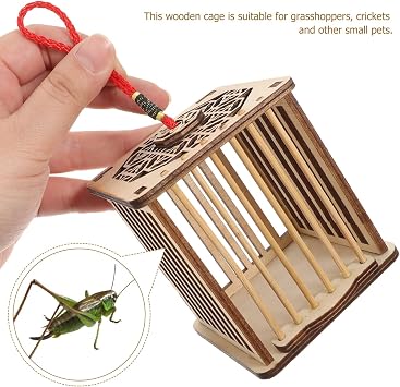 Balacoo Wooden Cricket Cage 6.3In, Hanging Reptile Habitat with Chinese Knot for Grasshoppers & Spiders, Ventilated Breeding Box for Indoor/Outdoor Use