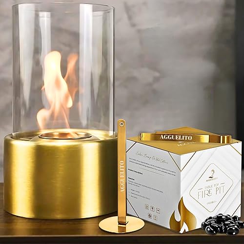 Mesa de fogata para interiores hoguera de mesa dorada AGGUELITO de 10 pulgadas con rocas de vidrio, elegante hoguera de mesa para exteriores con