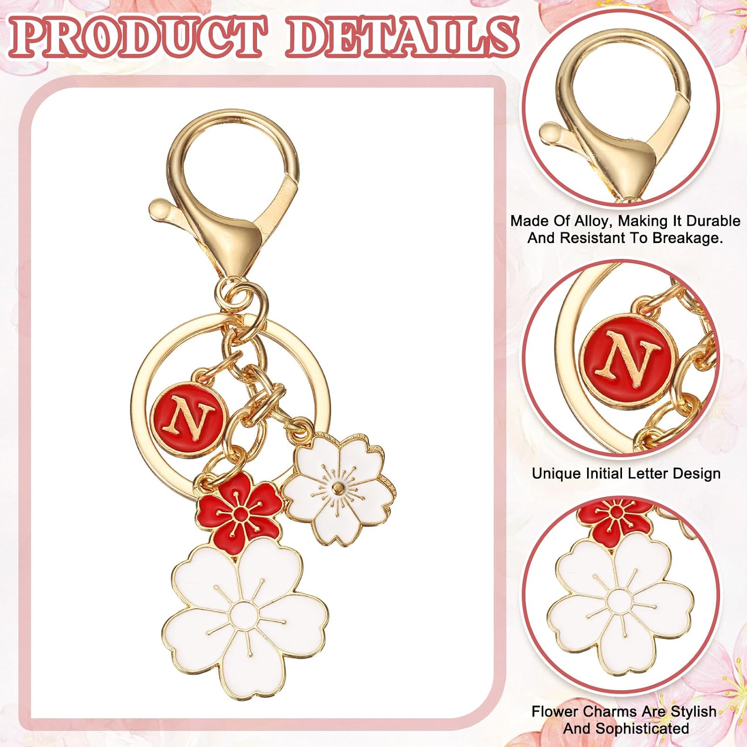 PATIKIL Initial Keychain, Flower Charm Letter Key Chain Cute Cherry Blossom Letter Keyring image 3