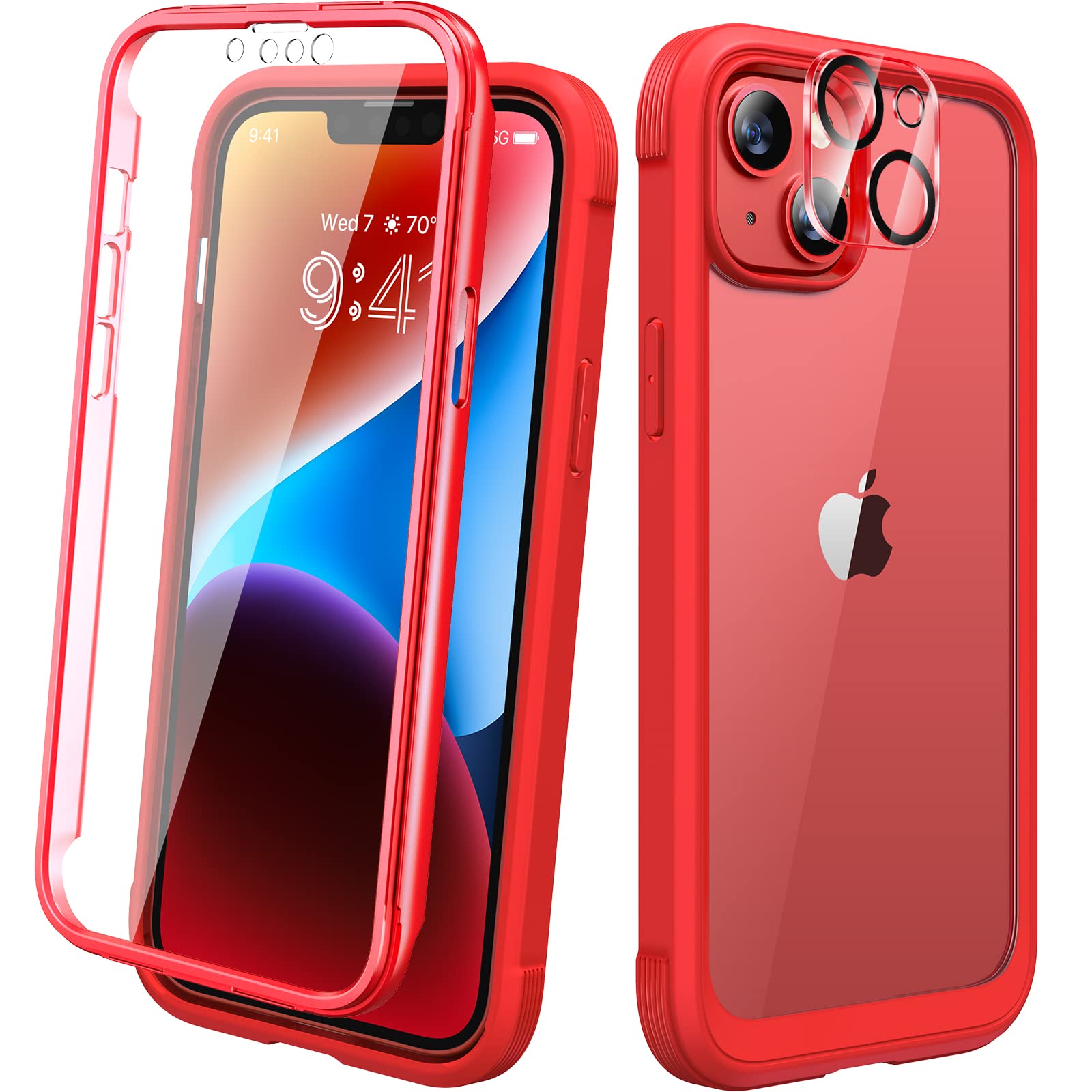 Diaclara Designed for iPhone 14 Plus Case, Full Body Rugged Case with Built-in Touch Sensitive Anti-Scratch Screen Protector, with Camera Lens Protector (Red and Clear)