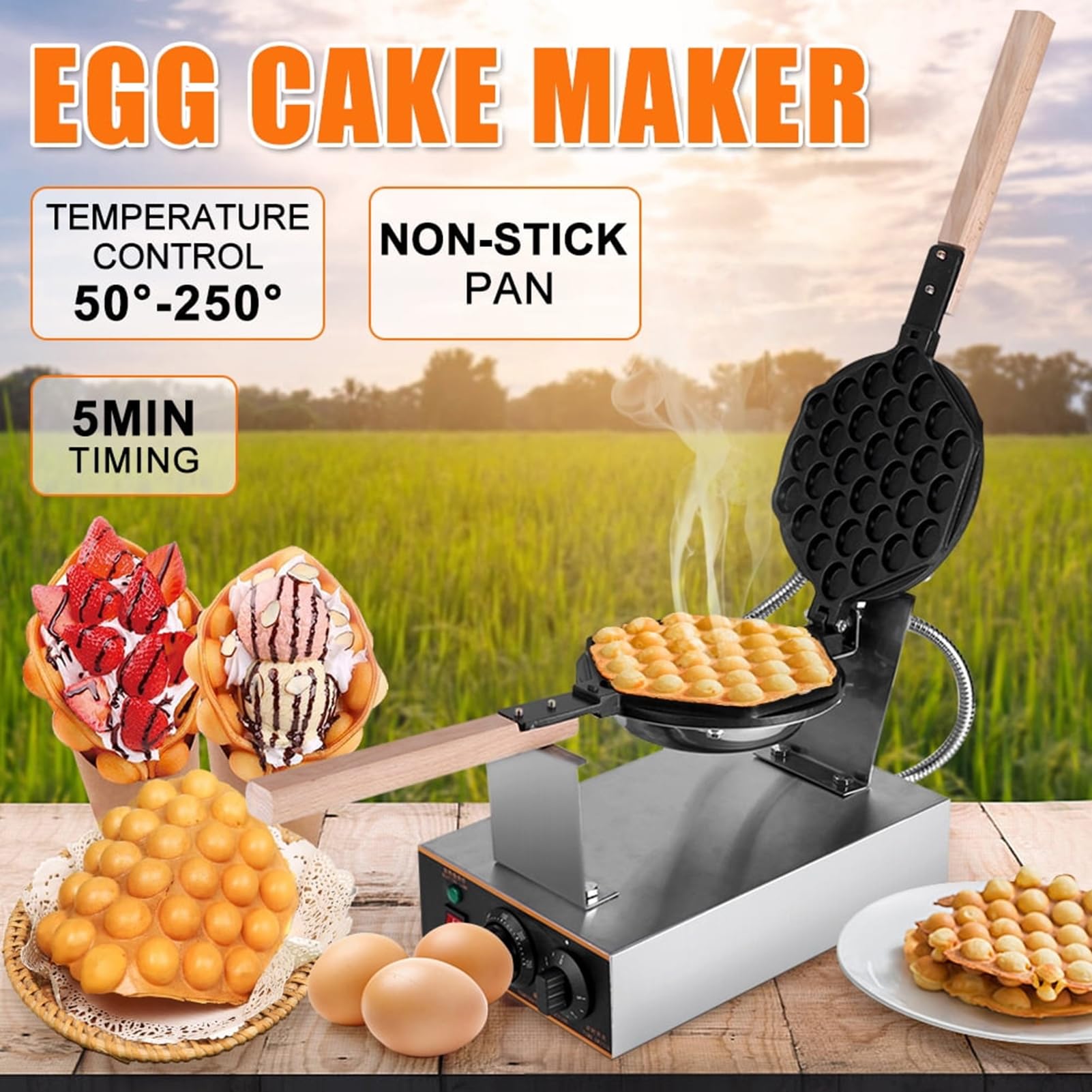 Gofrera Tipo Bubble Máquina de Waffles,Bubble Waffle Maker de Estilo de Hong Kong por Ambos Lados y rotación de 180° Antiadherente para Uso doméstico o Comercial,Single Head