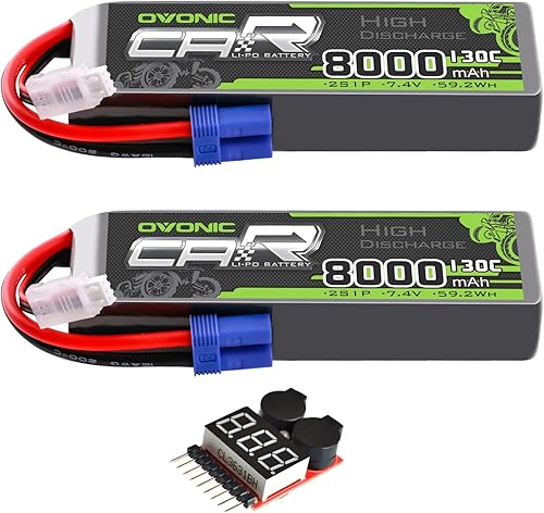 OVONIC 2S LiPo Batería 8000mAh 7.4V 130C RC Batería con conector EC5 (paquete de 2) (con comprobador de voltaje Lipo)