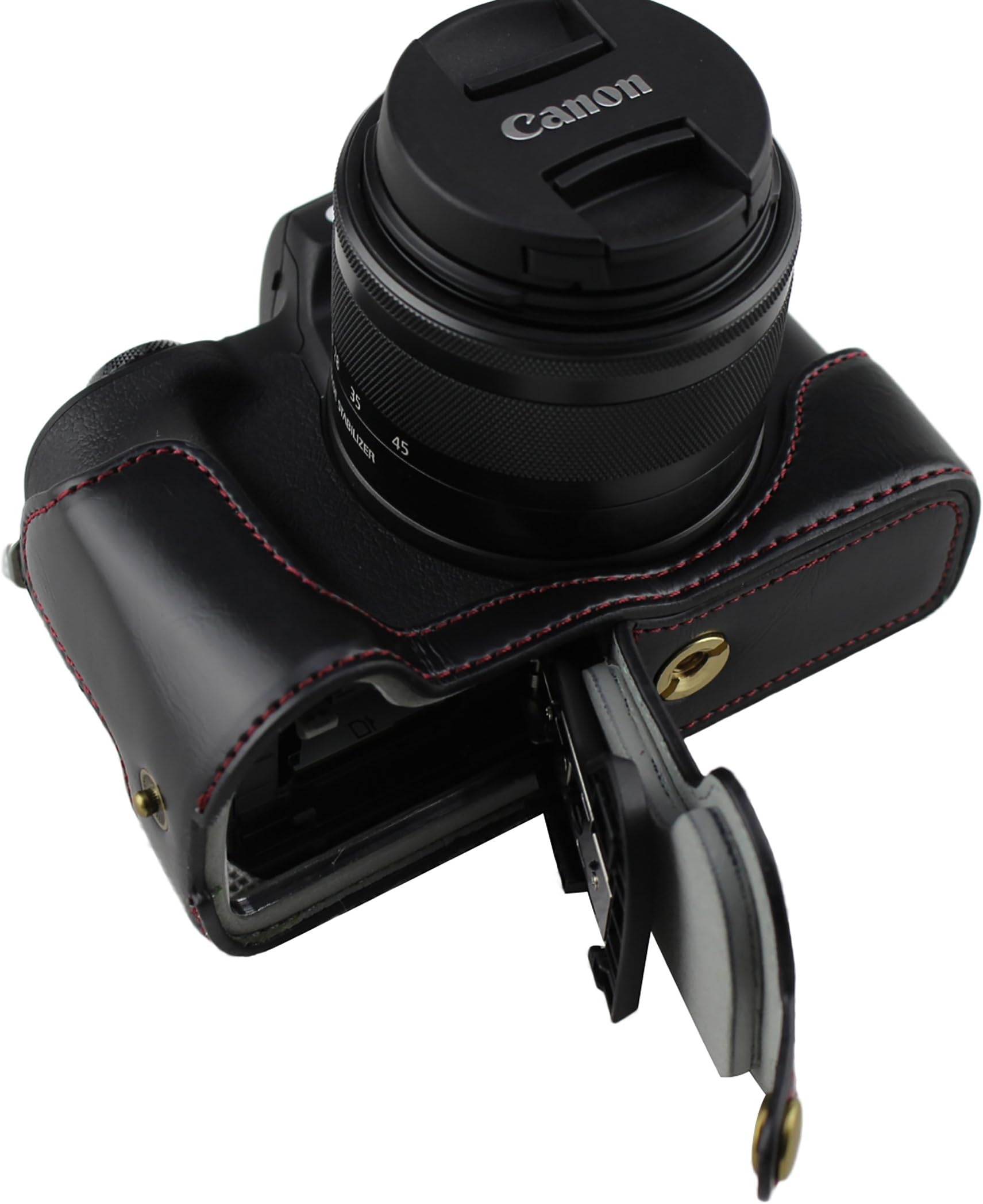 Bottom Opening Version Protective PU Leather Half Camera Case Bag for Canon EOS M50 with Hand Strap Black