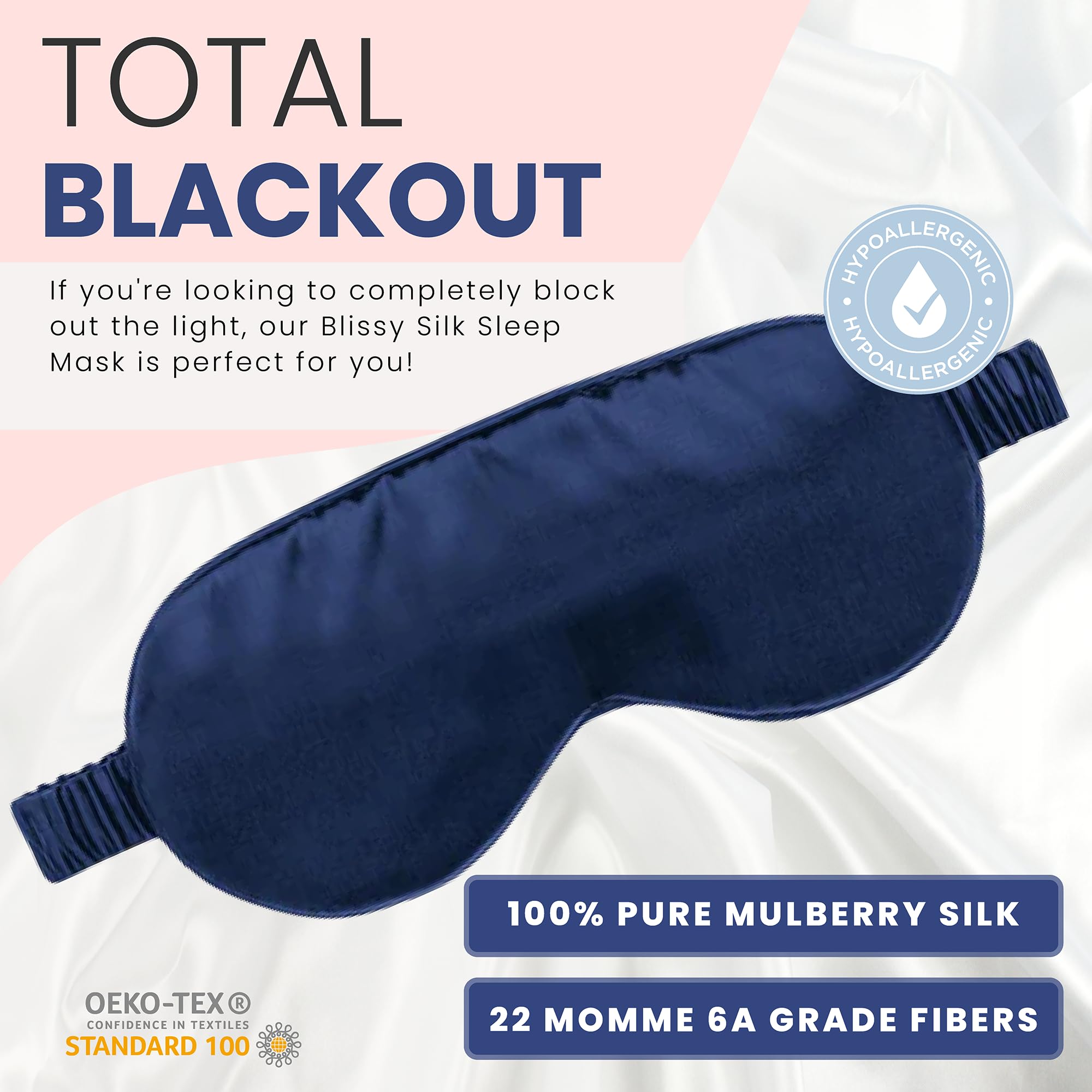 BLISSY Silk - Mascherina da notte in seta, per donne e uomini, per un oscuramento totale, 100% pura seta di gelso, 22 momme, fibre 6a, mascherina per dormire, copertura per gli occhi (blu)