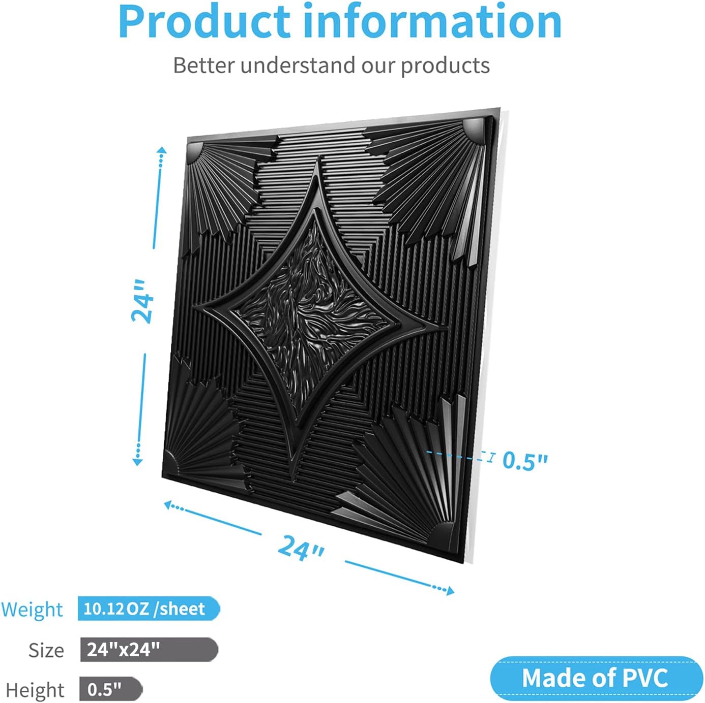 Art3d 61x61cm Drop Ceiling Tiles 24x24 in Black Pack of 12, 3D Wainscoting Ceiling Panels Glue Up Cover 48 Sq.ft