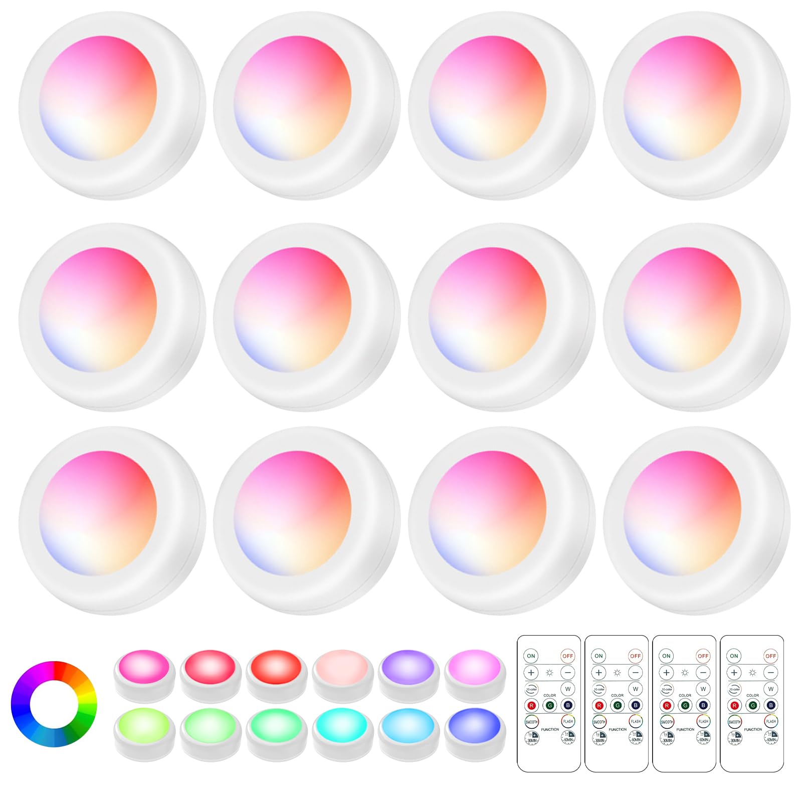 Lilampts LED Puck Lights with Remote Control, Wireless Under Cabinet Lighting,Color Changing Lights with Dimmer and Timer, AAA Battery Operated