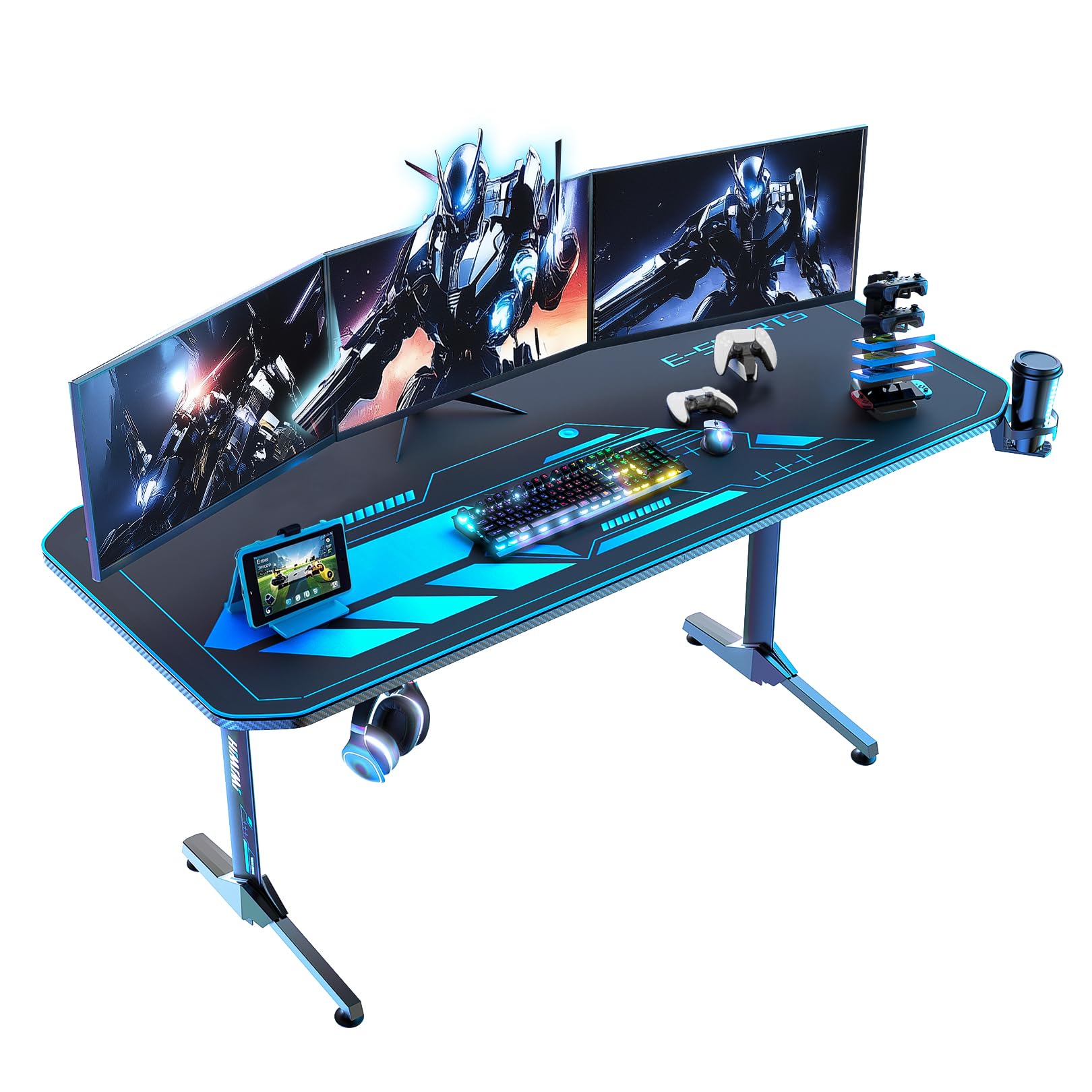 Himimi Scrivania Gaming 160x75 cm Scrivania Gamer Ergonomica con Tappetino per Mouse Integrato, Rivestimento in Fibra di Carbonio, Portabicchieri, Gancio per Cuffie, Telaio a T Robusto